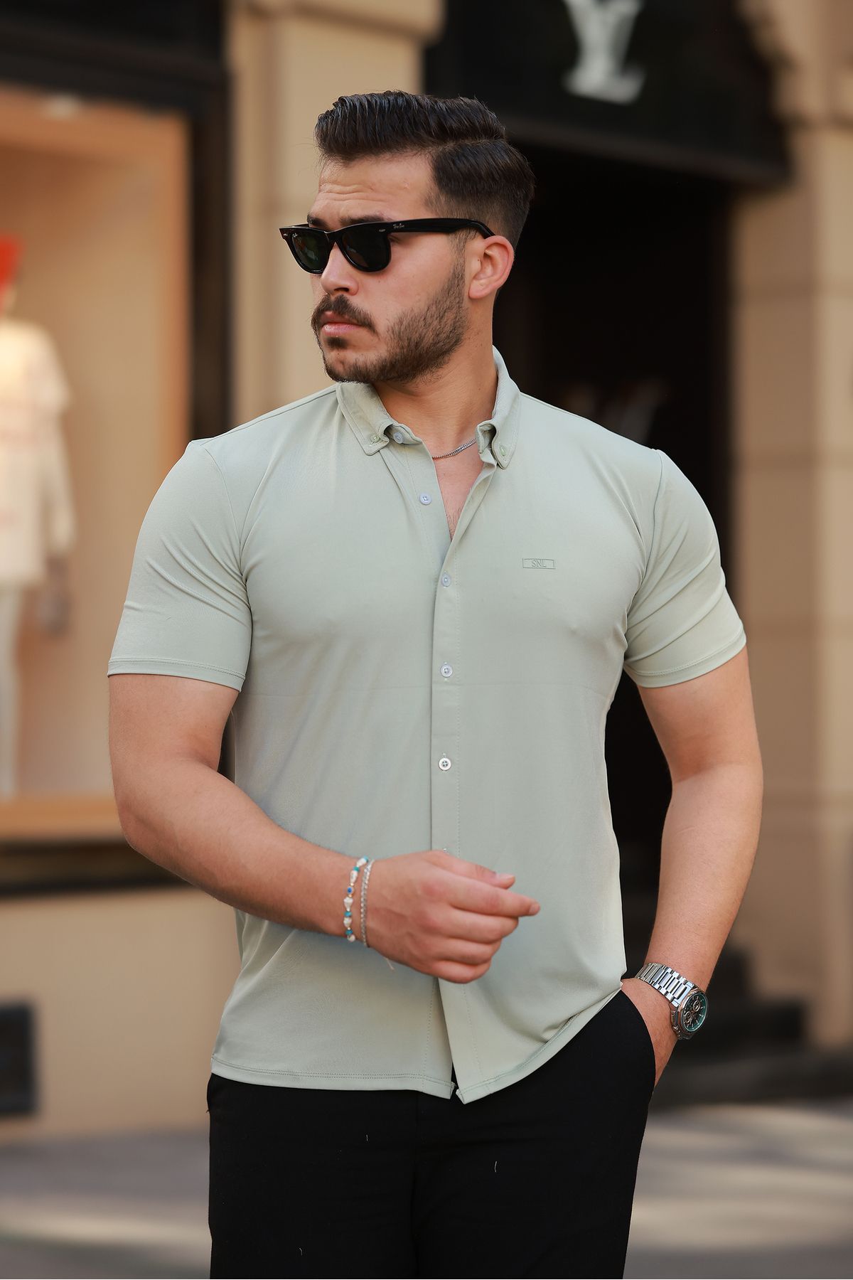 REFRESH Style Erkek Yeşil Kısa Kollu Düğmeli Yaka Gömlek