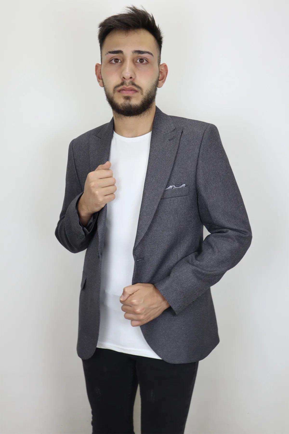 DUAYEN DMC TEKSTİL Erkek Füme İtalyan Kesim Dar Kalıp Tek Düğme Yazlık Blazer Ceket