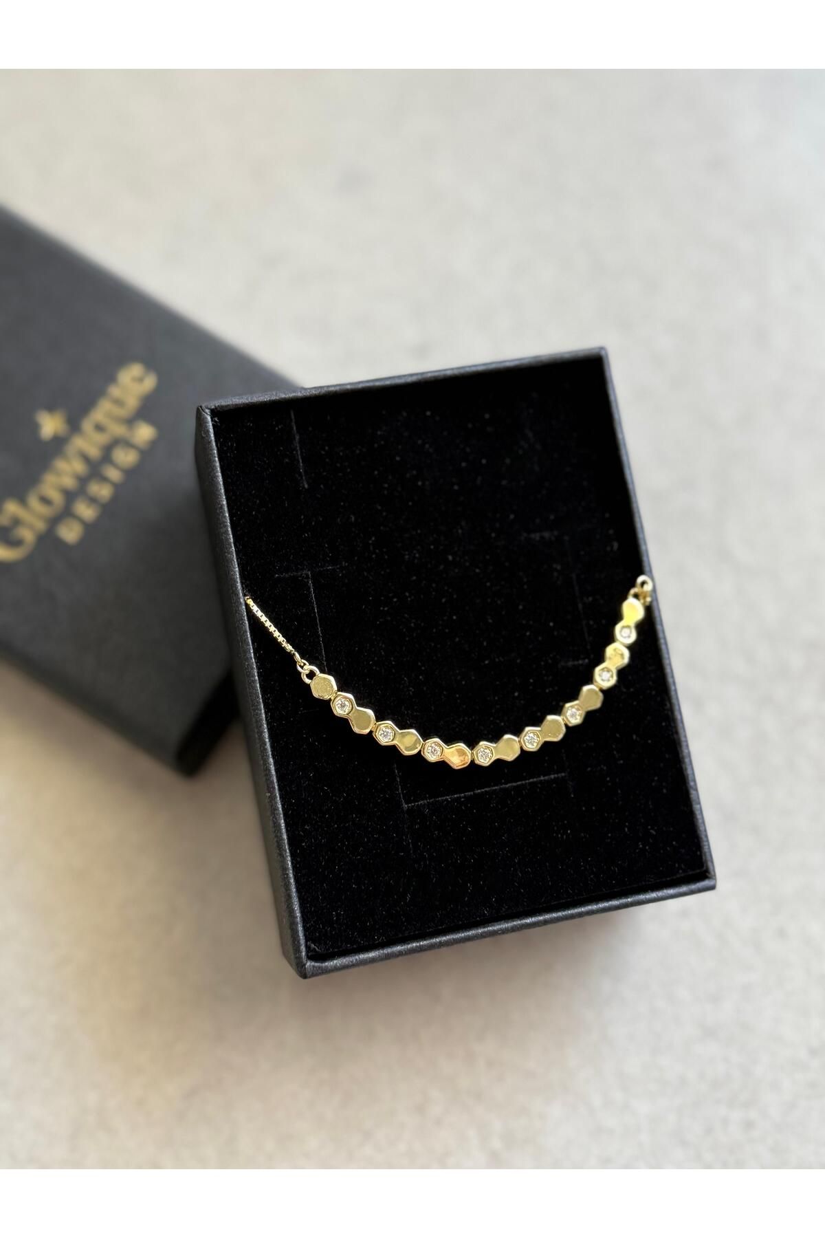Glowique Design 925 Ayar Gold Taş Detaylı Blok Sıralı Bileklik