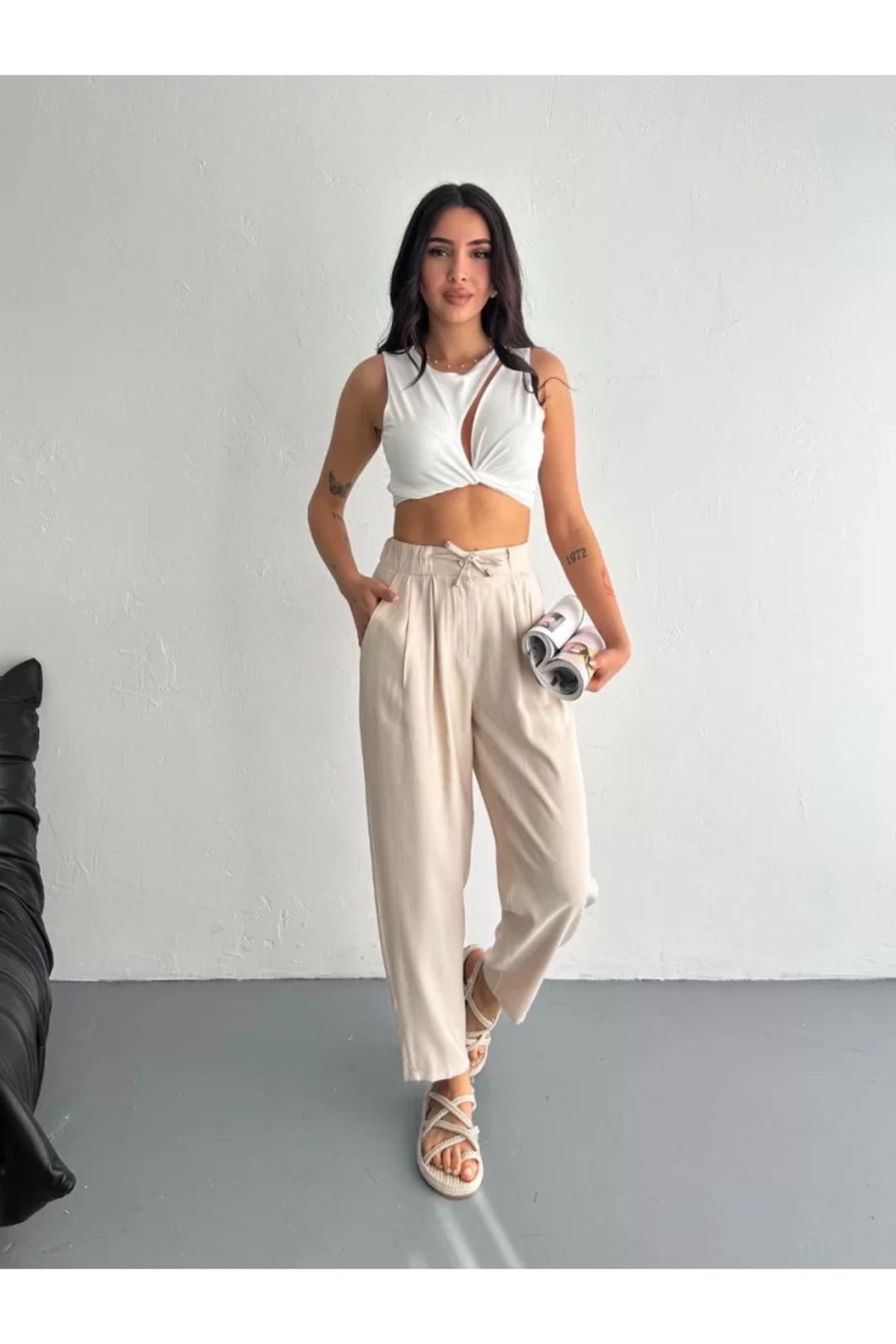 ruum fashions Kadın Yüksel Bel Rahat Boru Paça Pantalon