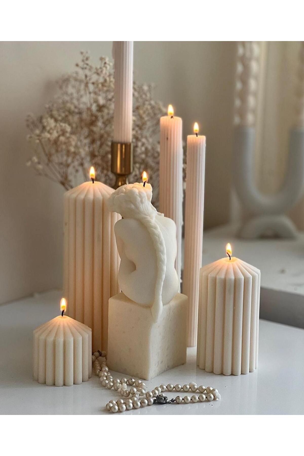 SCA CANDLE Dekoratif Mum Taş üstünde oturan kadın +çokgen+şamdanlık mum toplam 7 parça
