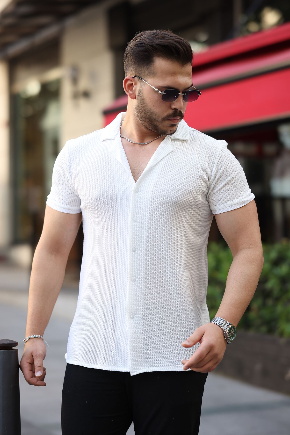 REFRESH Style Erkek Beyaz Apaş Yaka Kısa Kollu Gömlek
