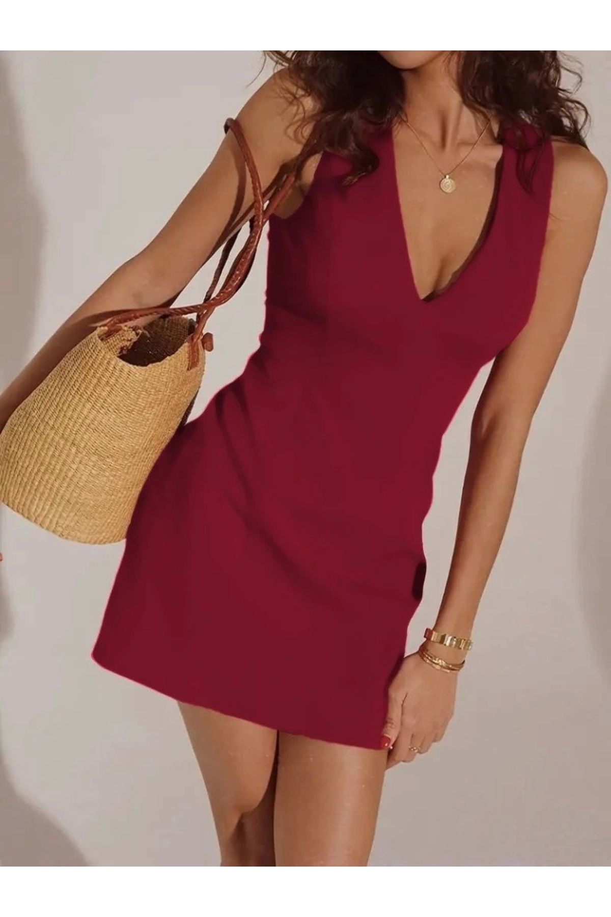Butik Kadın Sıfır Kollu Derin V Yakalı Janjan Krep Elbise