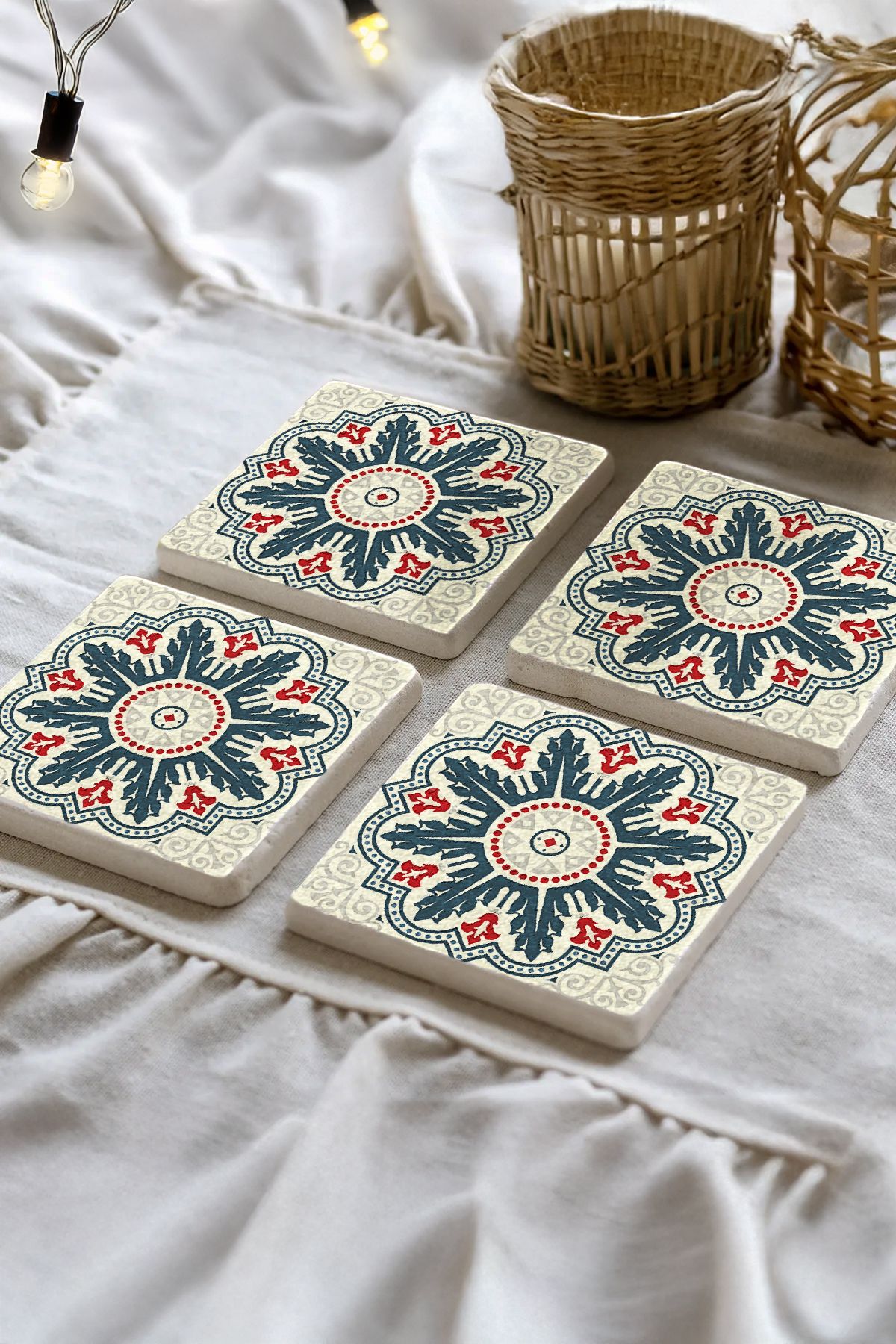 Sionar Zaman Döngüsü Mozaik Desenleri Taş Traverten Fincan Bardak Altlığı 4'lü Set 10x10x1cm