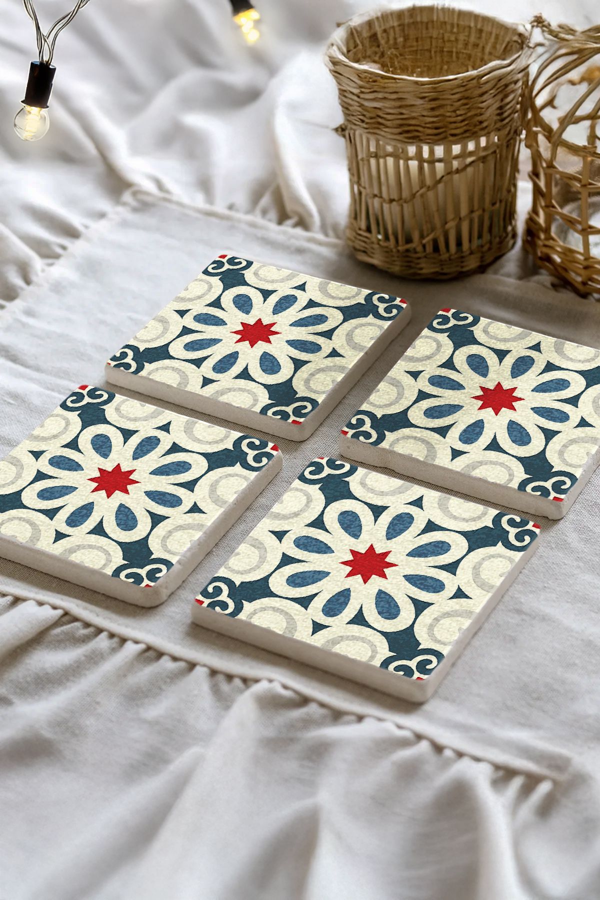 Sionar Lunetra Mozaik Desenleri Taş Traverten Fincan Bardak Altlığı 4'lü Set 10x10x1cm