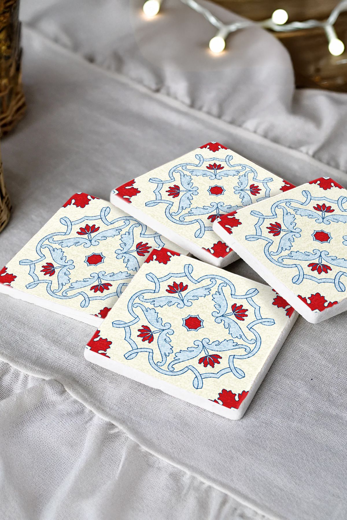 Sionar Kuzvara Mozaik Desenleri Taş Traverten Fincan Bardak Altlığı 4'lü Set 10x10x1cm