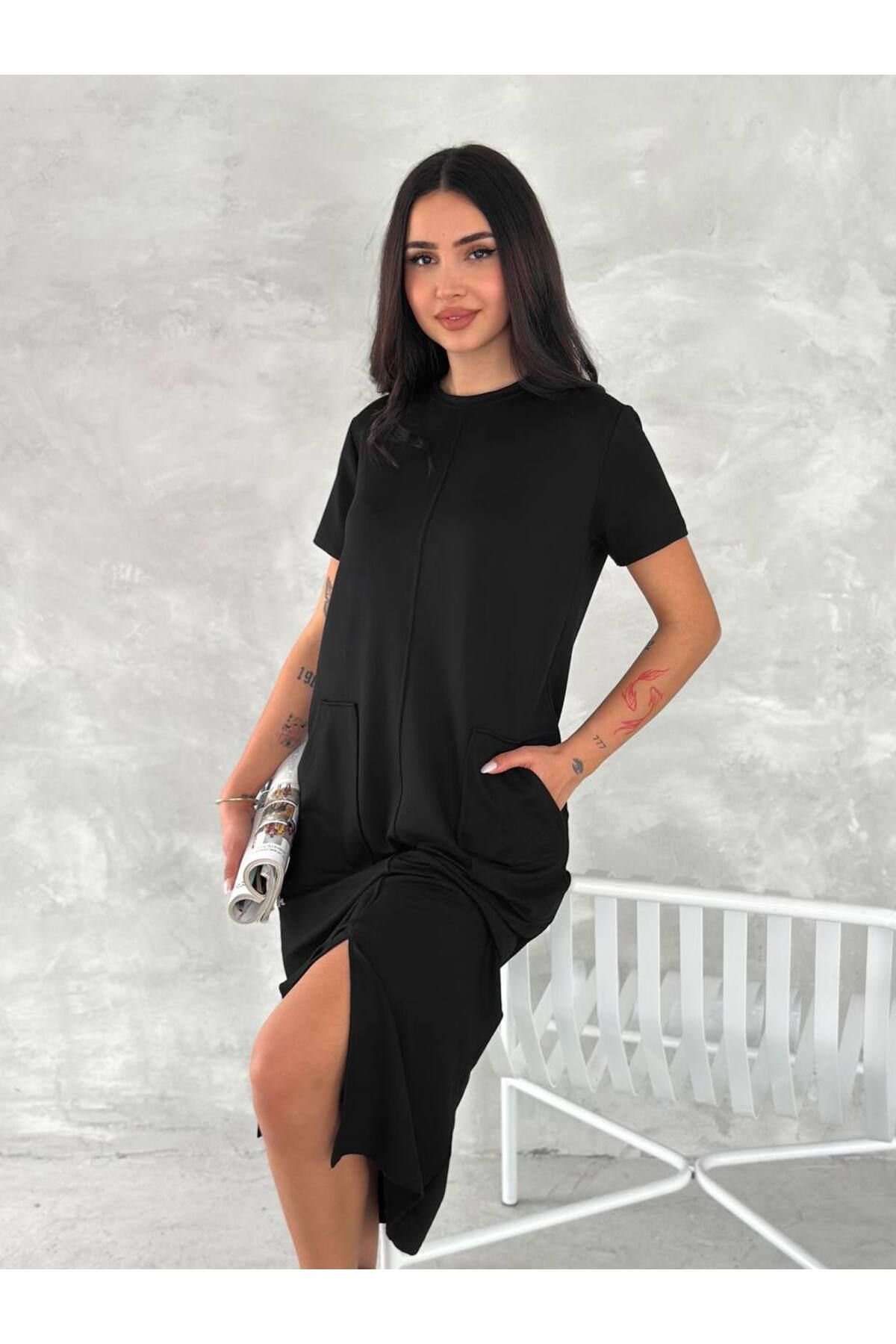 Bella Breeze Kadın Cepli Kısa Kollu Regular Kesim Yırtmaçlı Elbise