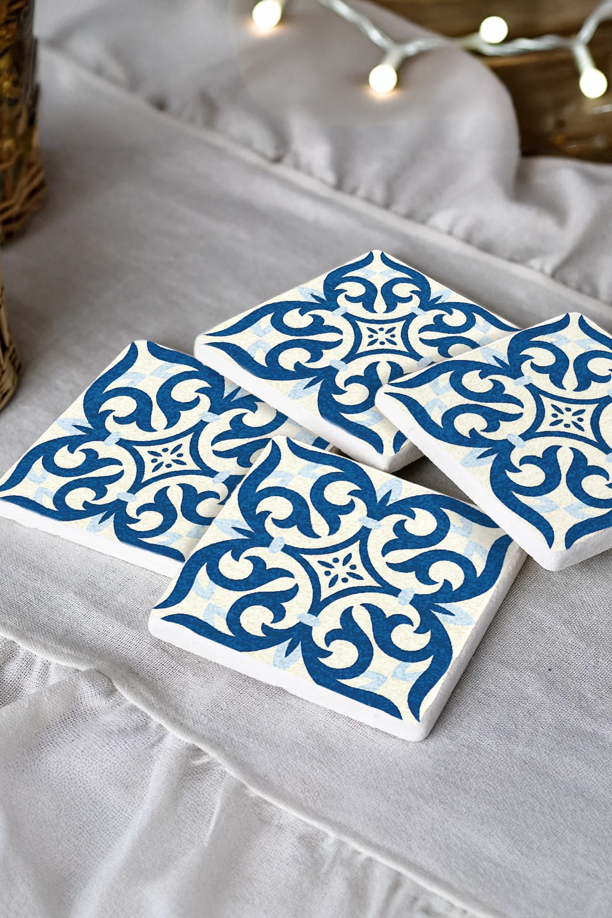 Sionar Mirazen Mozaik Desenleri Taş Traverten Fincan Bardak Altlığı 4'lü Set 10x10x1cm