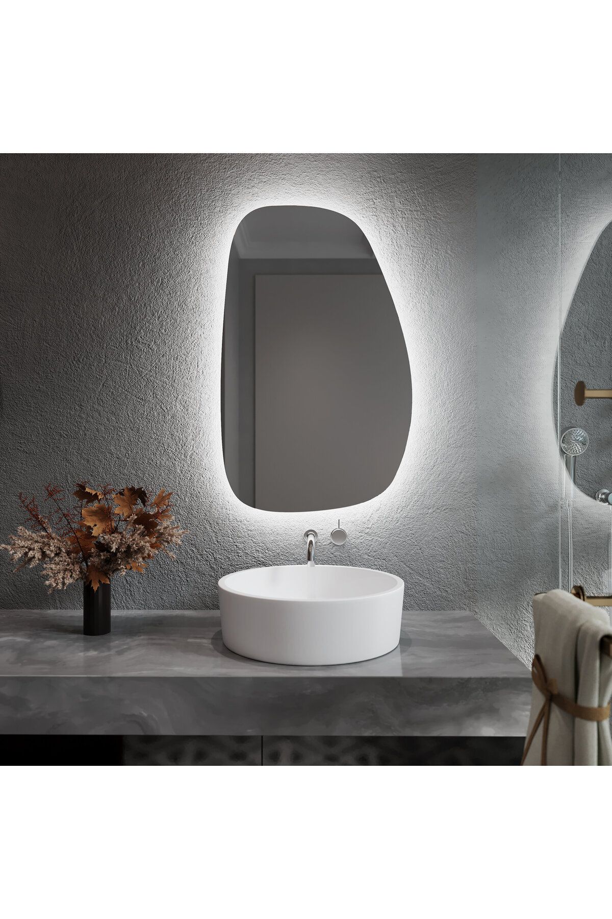 Aypars Atölye 40x64 Asimetrik LED Ayna – Gün Işığı ve Beyaz Işıklı Giriş Koridor Aynası, Modern Organik Tasarım