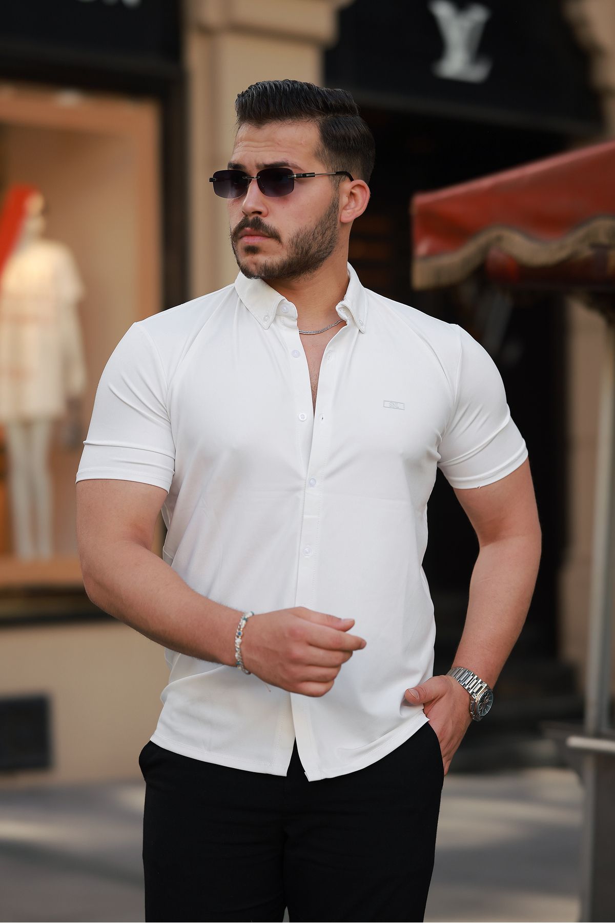 REFRESH Style Erkek Beyaz Kısa Kollu Düğmeli Yaka Gömlek