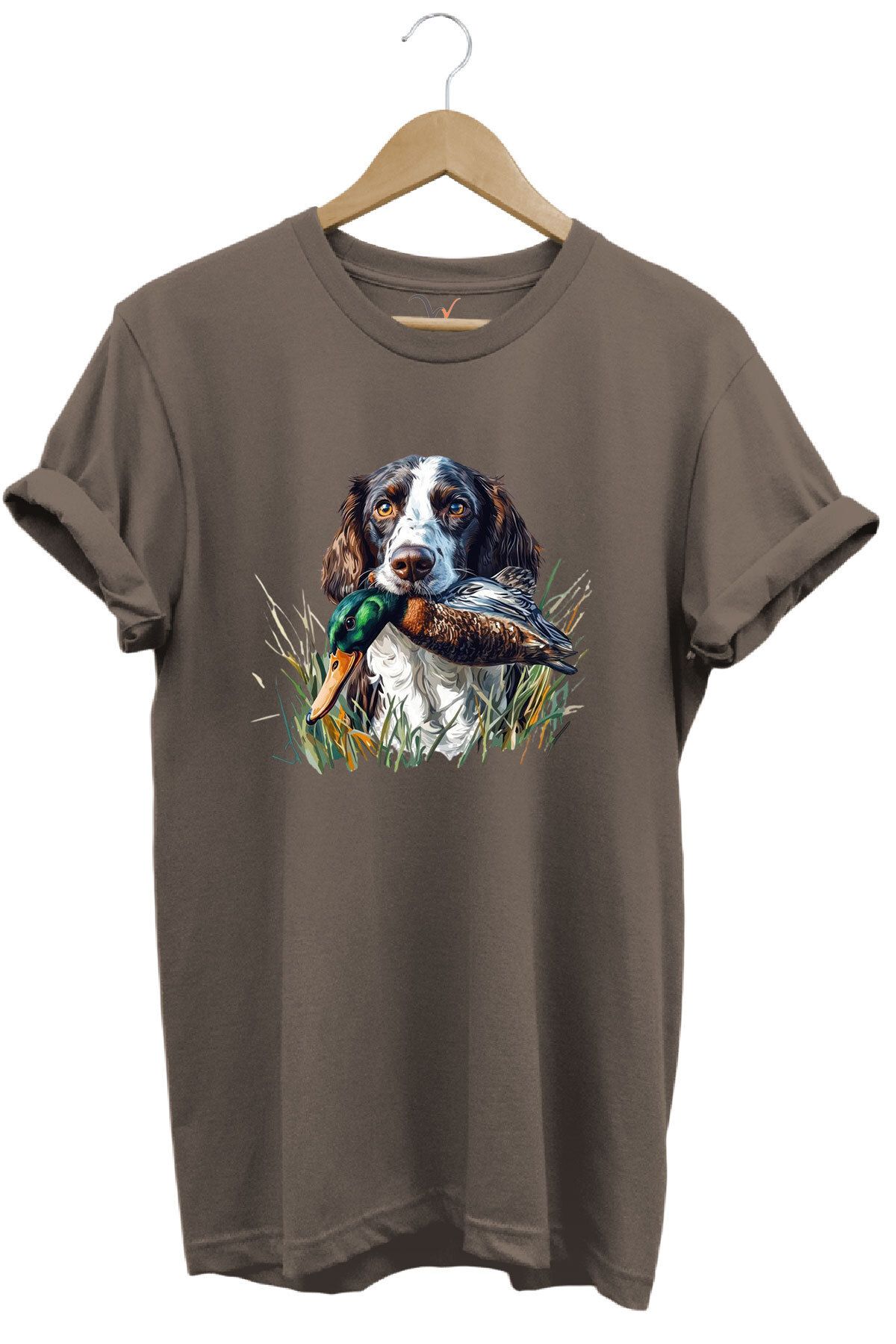 WİDİ Avcılık Av Köpeği ve Ördek Baskılı %100 Pamuk Regular Fit Bisiklet Yaka Premium T-Shirt