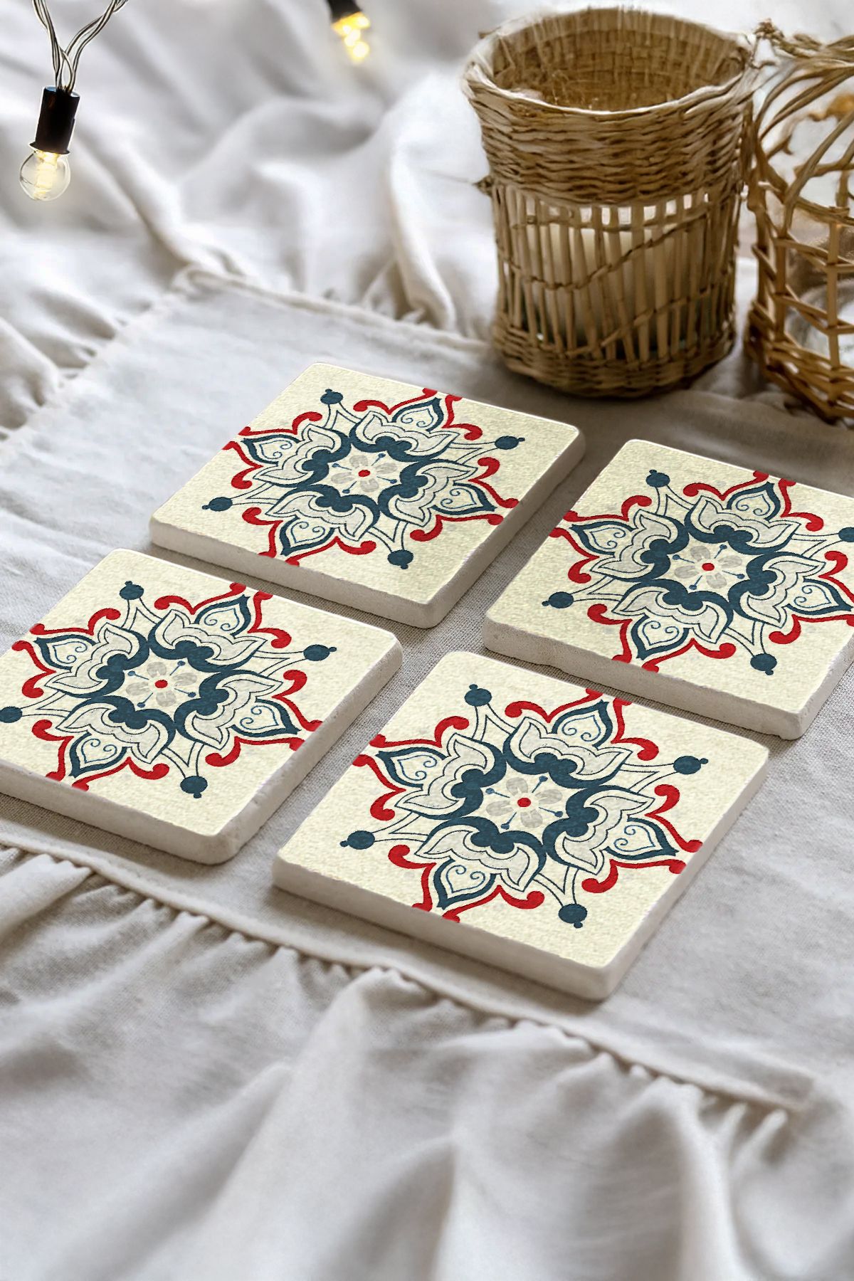 Sionar Ahenk Çemberi Mozaik Desenleri Taş Traverten Fincan Bardak Altlığı 4'lü Set 10x10x1cm
