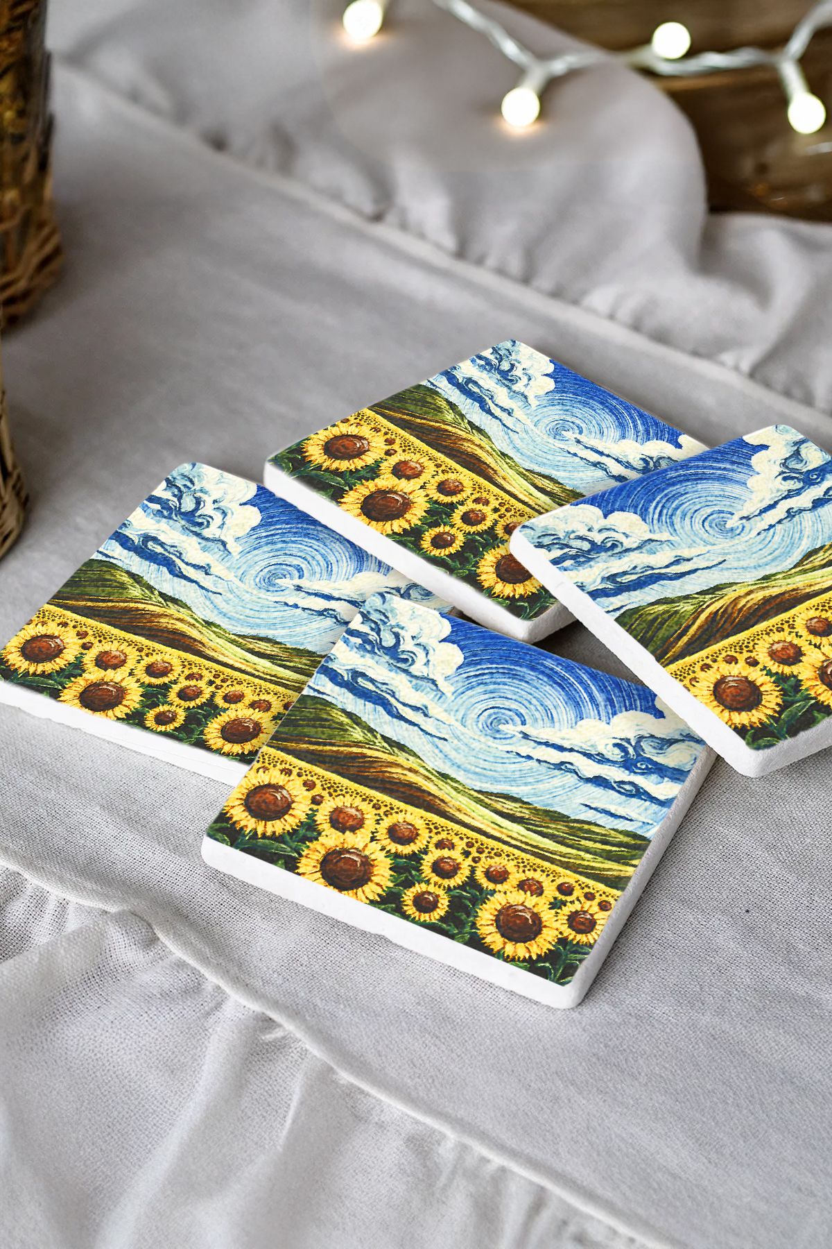 Sionar Sunflowers Mozaik Desenleri Taş Traverten Fincan Bardak Altlığı 4'lü Set 10x10x1cm