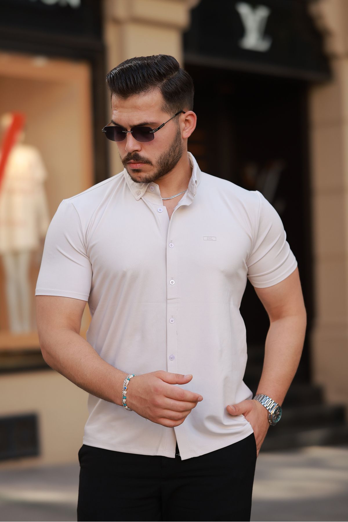 REFRESH Style Erkek Bej Kısa Kollu Düğmeli Yaka Gömlek