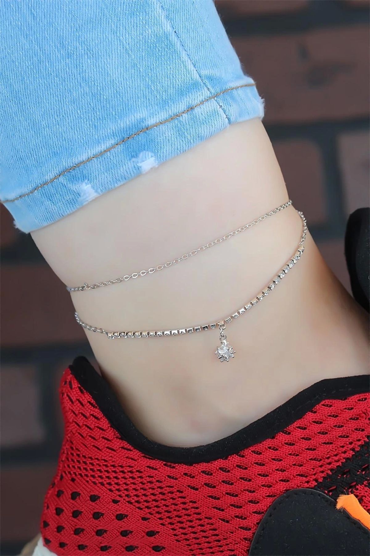 Moco Zirkon Taşlı Silver Renk Çift Zincir Hal Hal