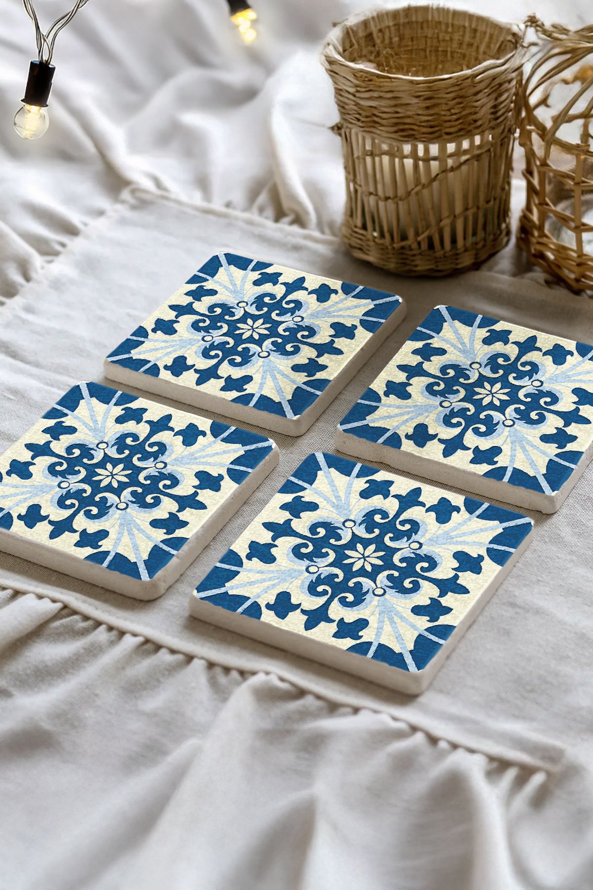 Sionar Yalvera Mozaik Desenleri Taş Traverten Fincan Bardak Altlığı 4'lü Set 10x10x1cm