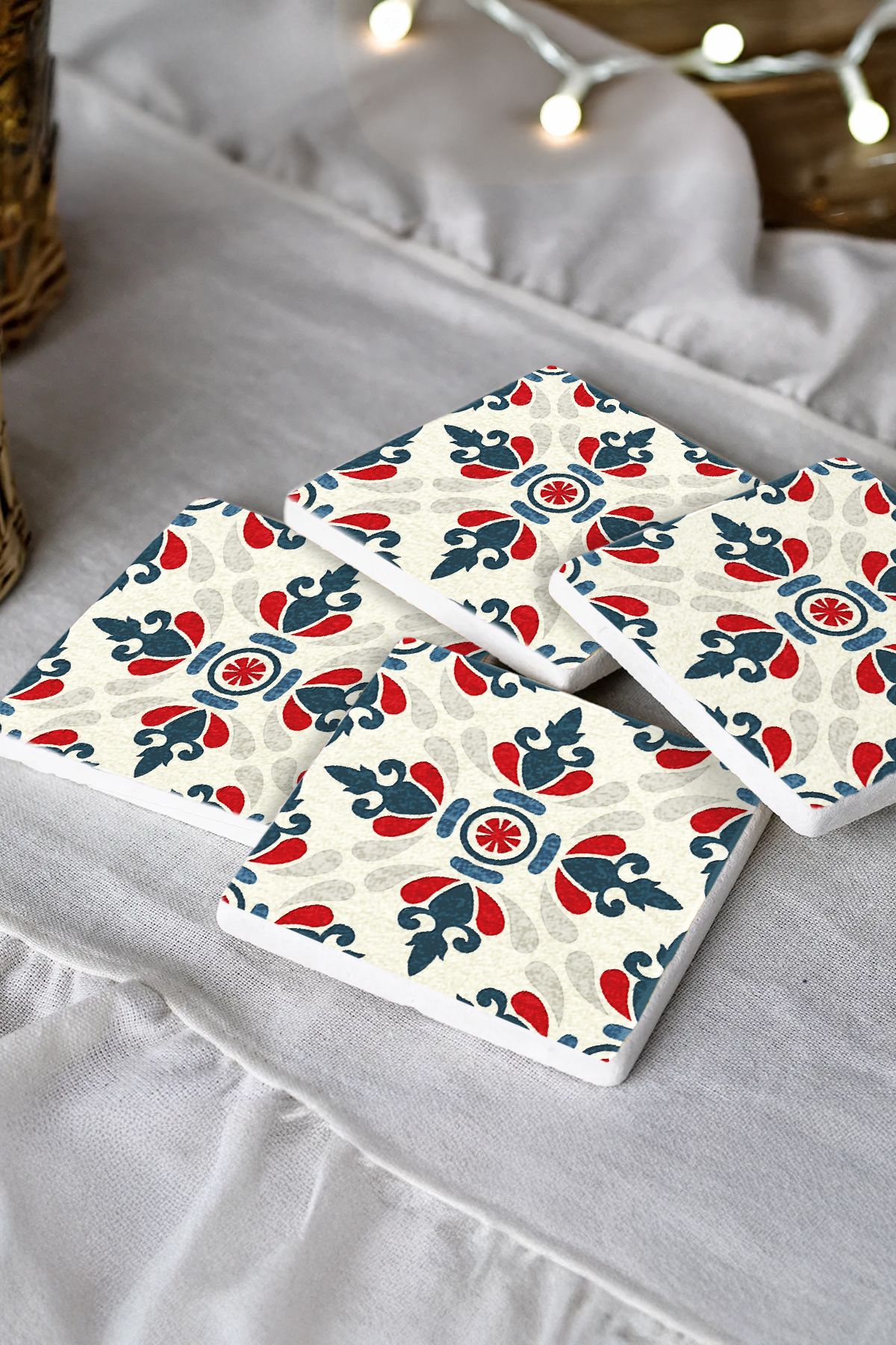 Sionar İznik Harmanı Mozaik Desenleri Taş Traverten Fincan Bardak Altlığı 4'lü Set 10x10x1cm