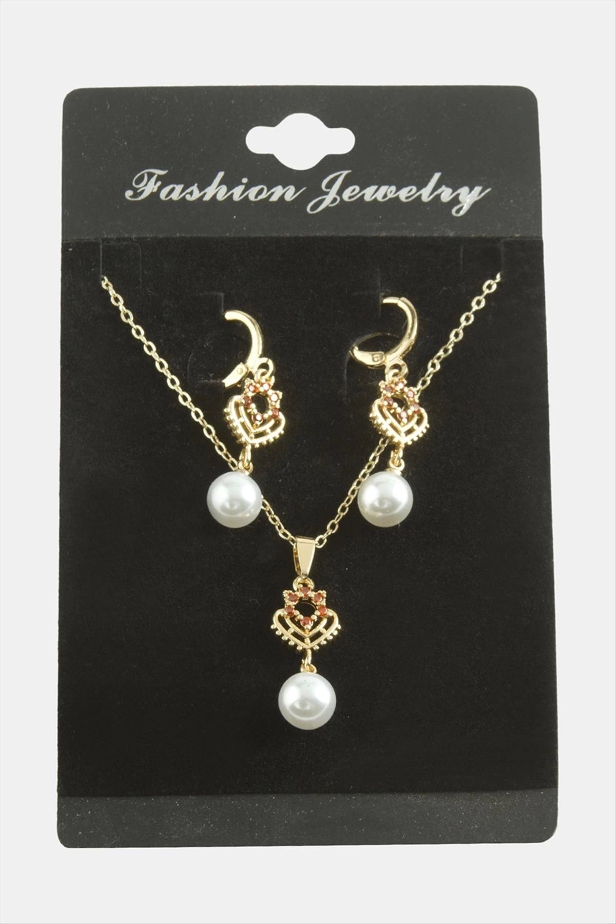 Modafiks Kalp İnci Zirkon Taşlı Set Kolye