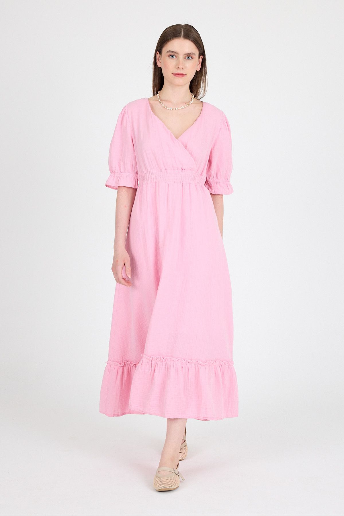 Rays Pembe %100 Pamuk Müslin V Yaka Bel Lastikli Midi Elbise 4780A