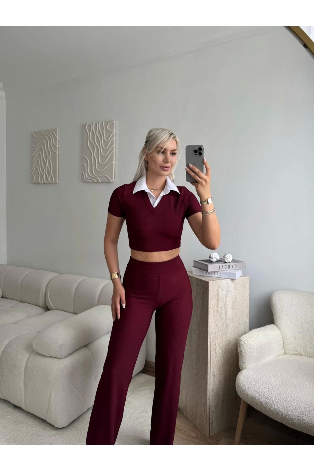 Zora Butik Gömlek Yaka Crop & Pantolon Takım - BORDO
