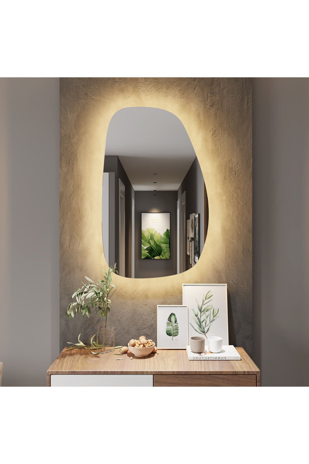 Aypars Atölye 30x48 Asimetrik LED Ayna – Gün Işığı ve Beyaz Işıklı Giriş Koridor Aynası, Modern Organik Tasarım