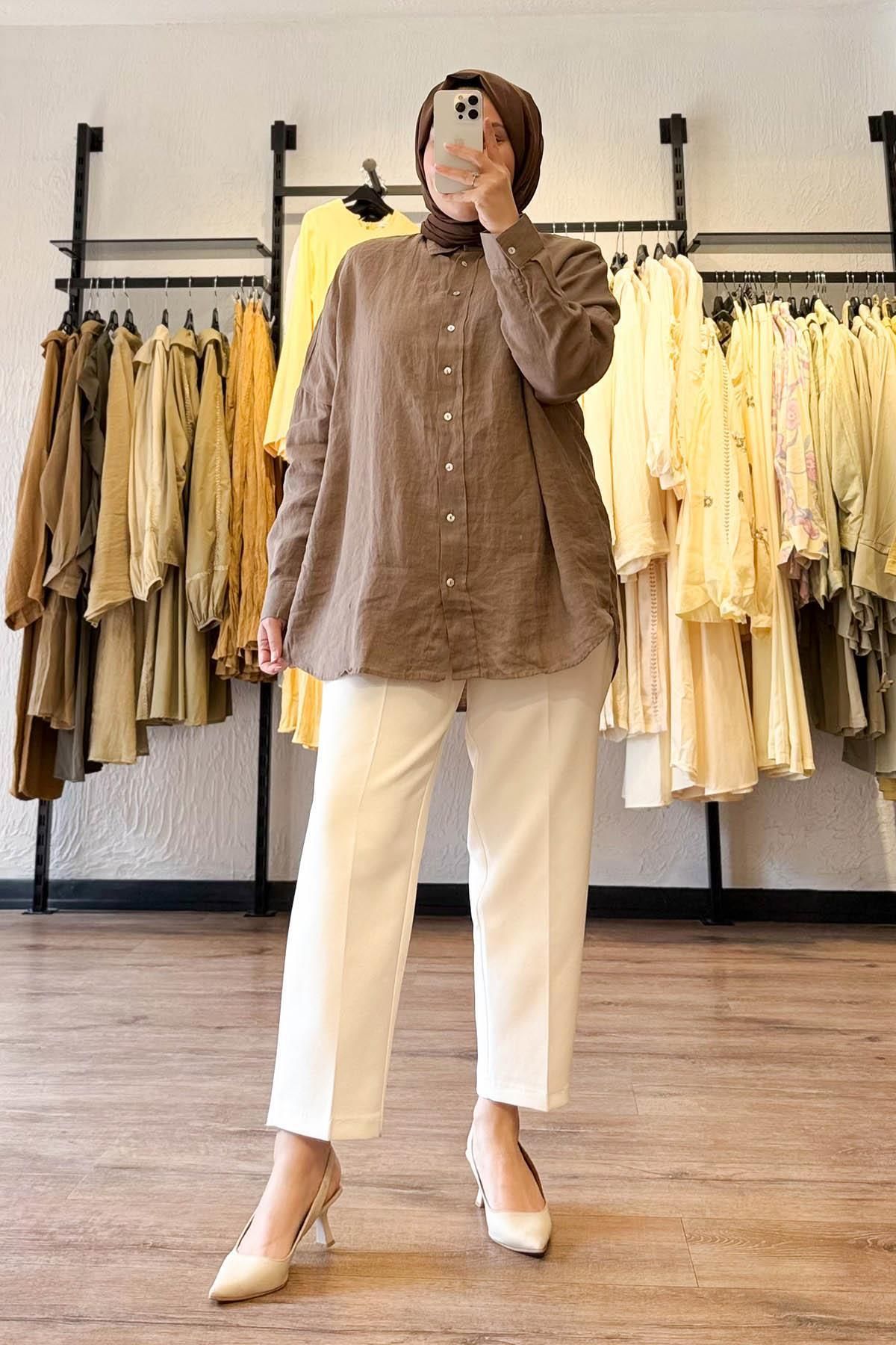 MERVE KAYKISIZ Ham Keten Oversize Gömlek Haki