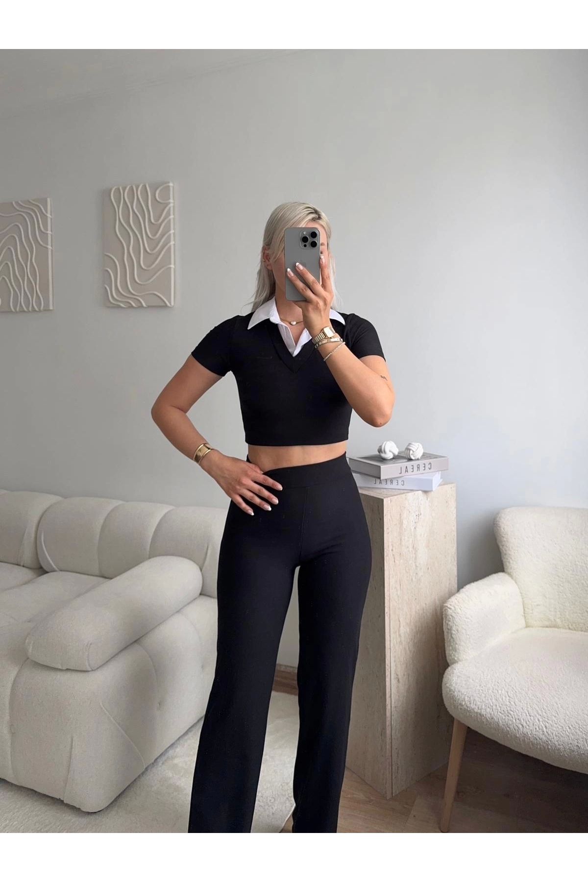 Zora Butik Gömlek Yaka Crop & Pantolon Takım - SİYAH