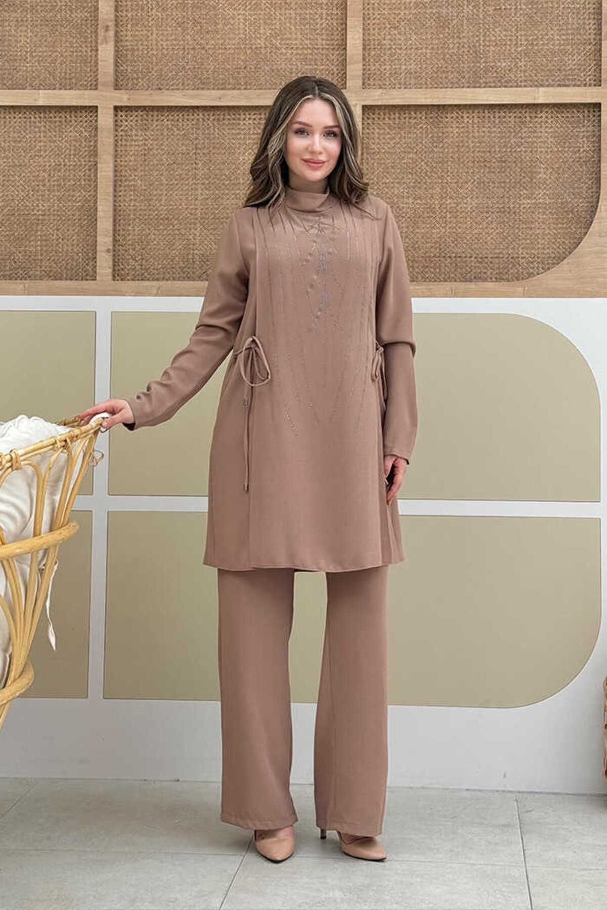 BYM Taş Baskı Desenli Tunik Pantolon Takım 8447 Vizon