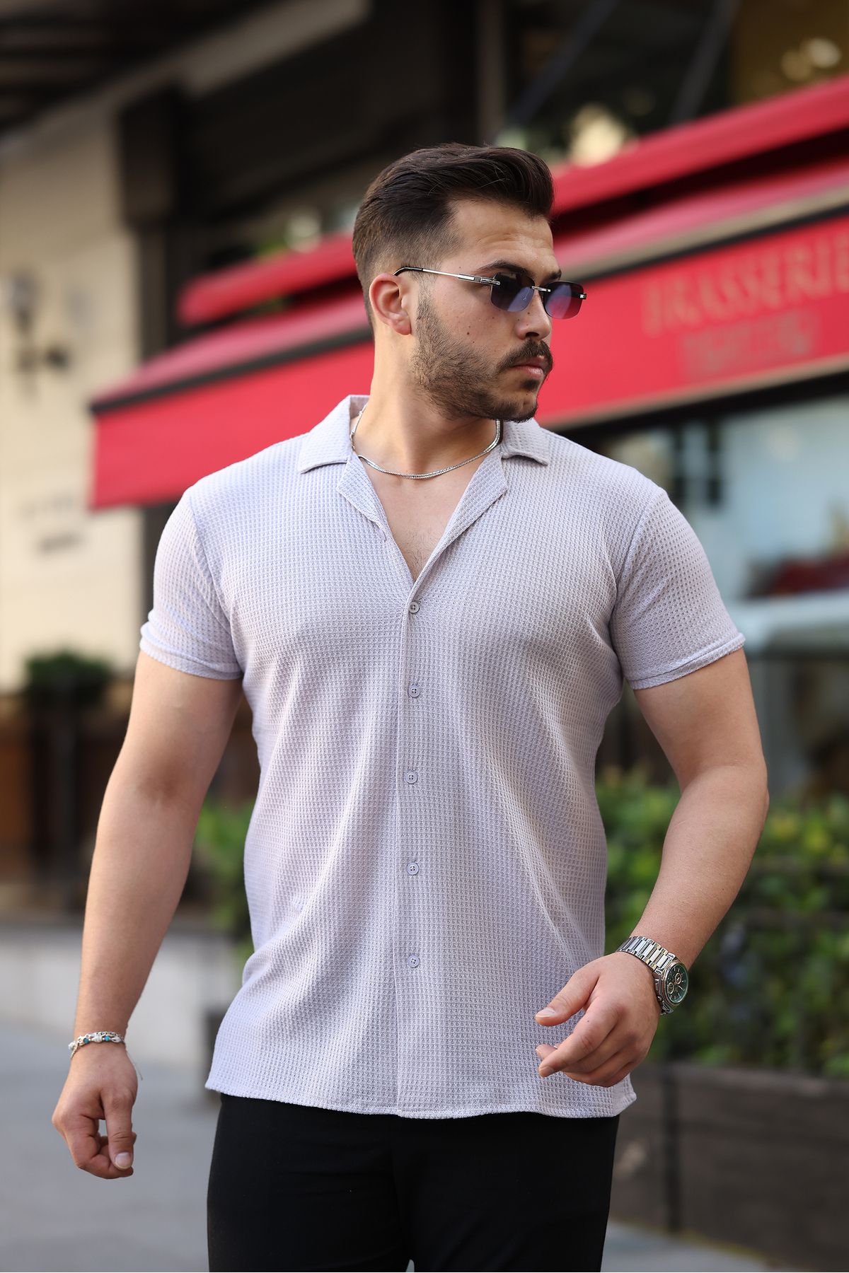 REFRESH Style Erkek Gri Apaş Yaka Kısa Kollu Gömlek