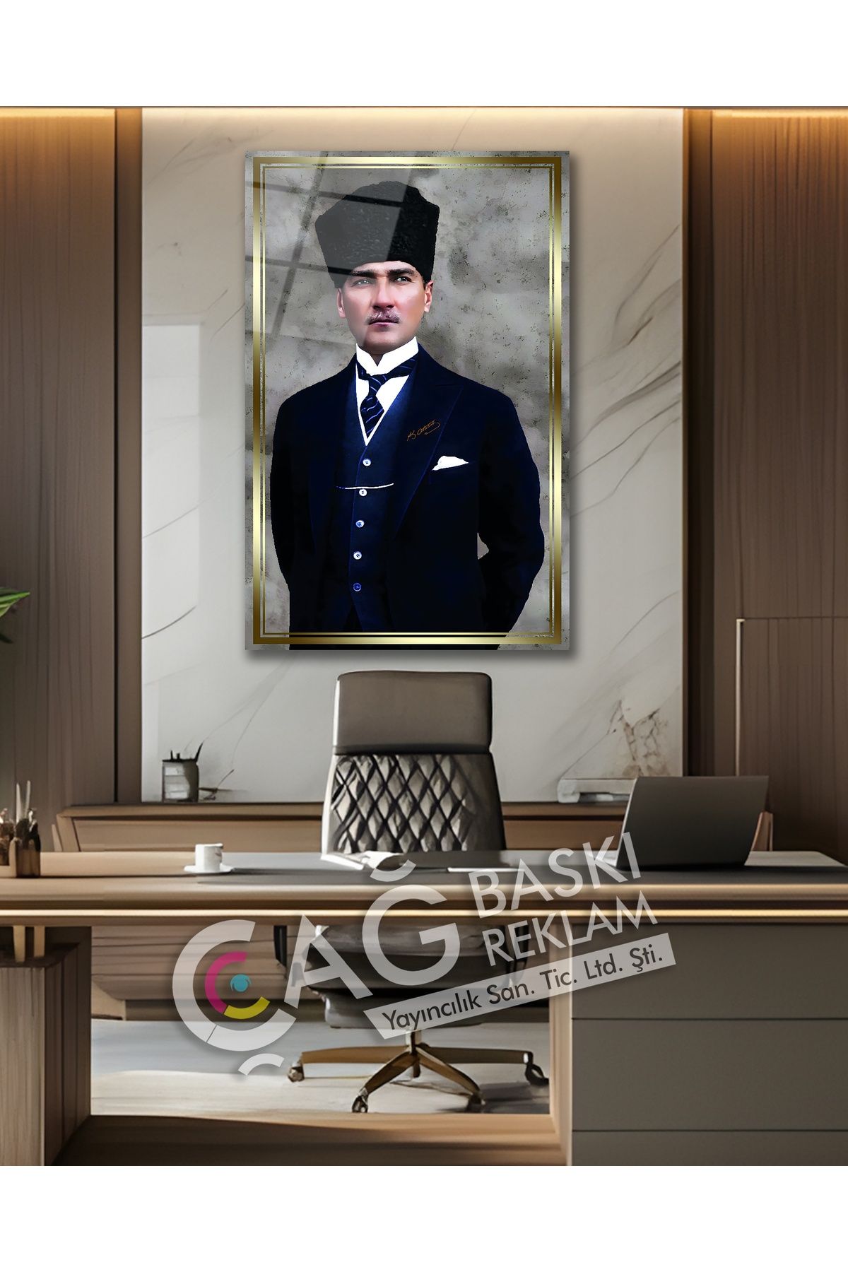 Çağ Baskı Atatürk Gazi Mustafa Kemal Şık Zarif Cam Tablo Modern Ev Ofis Salon Duvar Oda Dekoru Hediyelik