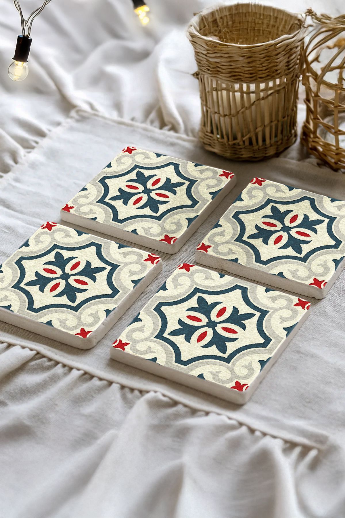 Sionar Miras Döngüsü Mozaik Desenleri Taş Traverten Fincan Bardak Altlığı 4'lü Set 10x10x1cm