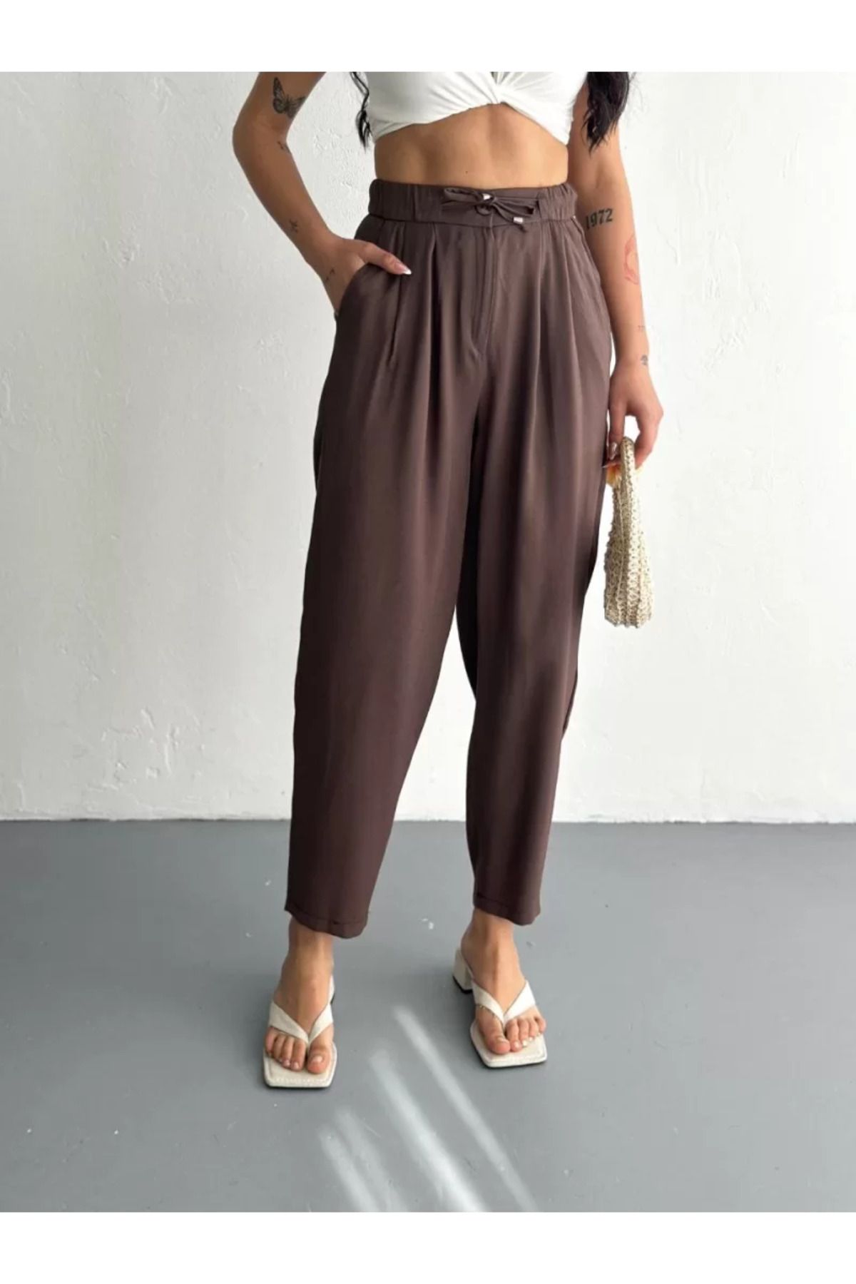 ruum fashions Kadın Yüksel Bel Rahat Boru Paça Pantalon