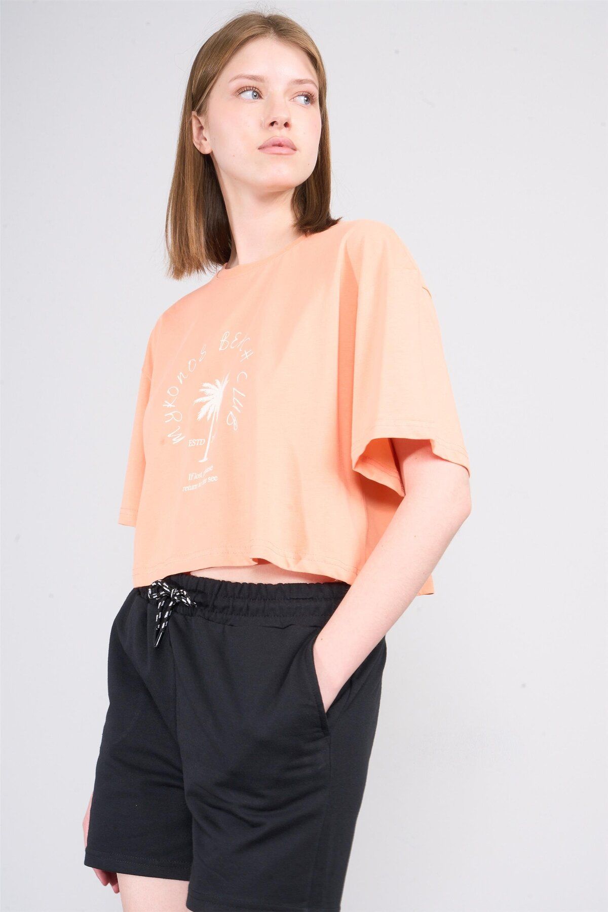FİTHİT Çetinkaya Fithit 8385 Bisiklet Yaka 30/1 Penye Baskılı Oversize T-shirt Kayısı