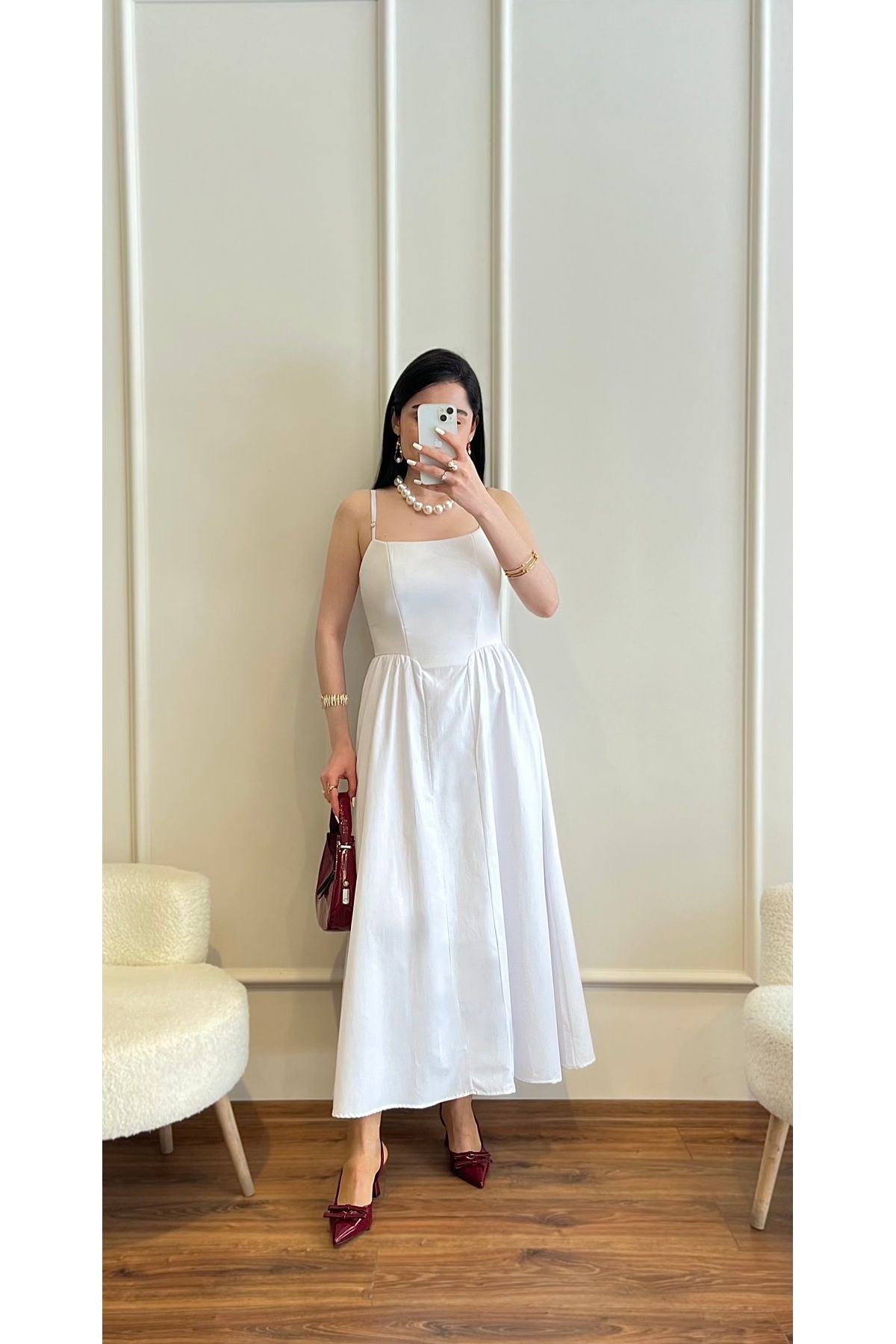Zims Butik Askılı Poplin Elbise Beyaz