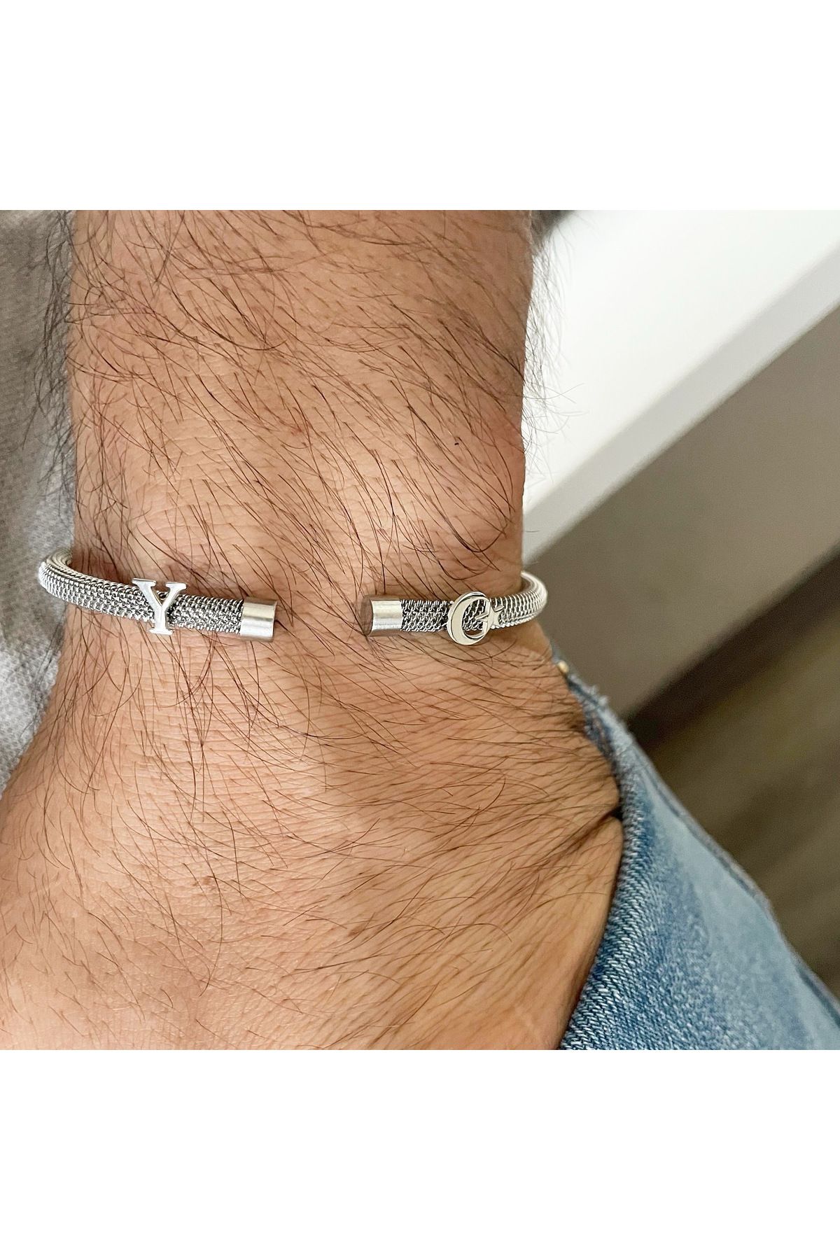simurg jewellery Gümüş Harfli VE Ayyıldız Sembollü Beyaz Çelik Bileklik