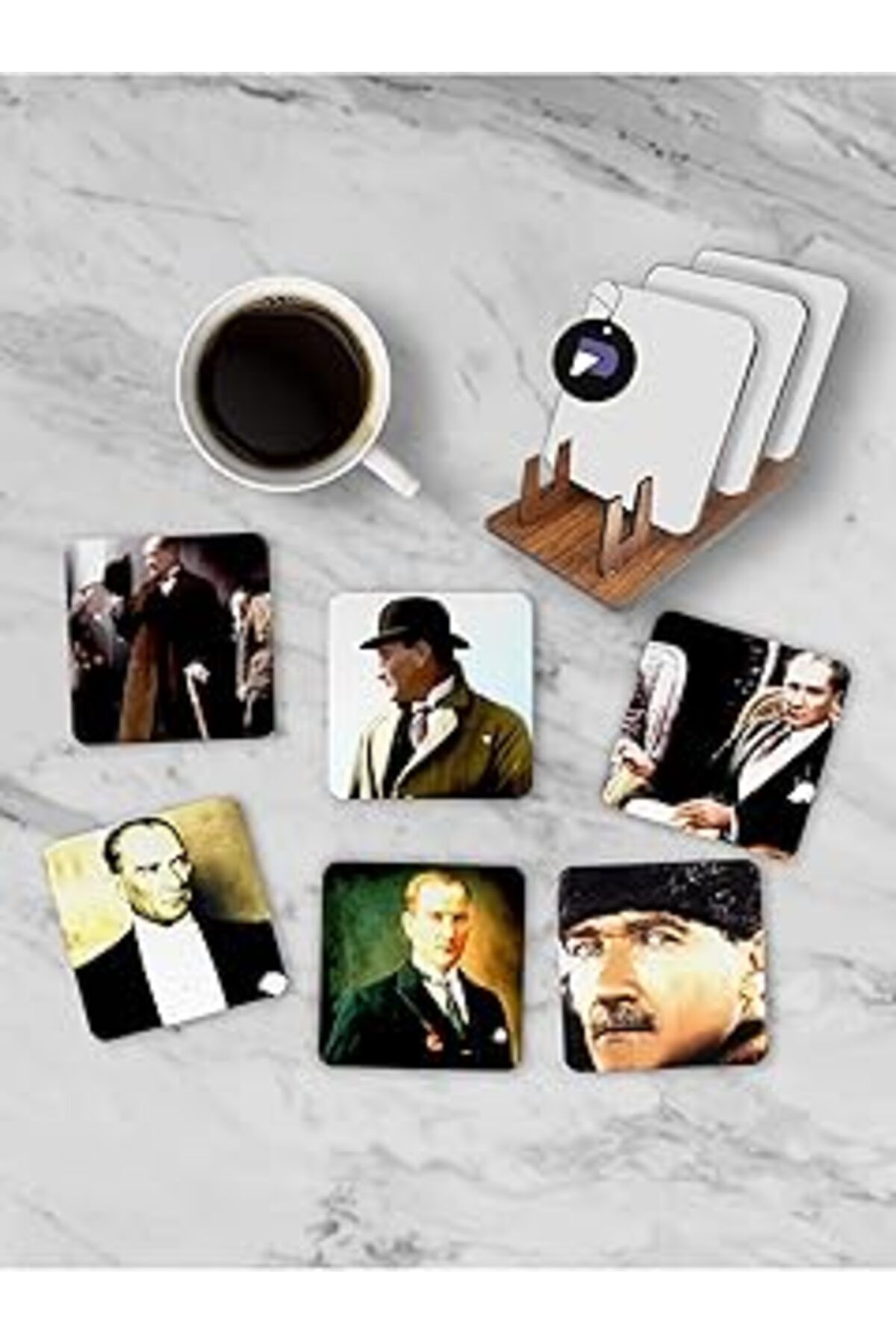Qedii Postermanya (Pster21275) Mustafa Kemal Atatürk Standlı Ahşap Bardak Altlığı Seti, 6 Adet Baskılı Ba