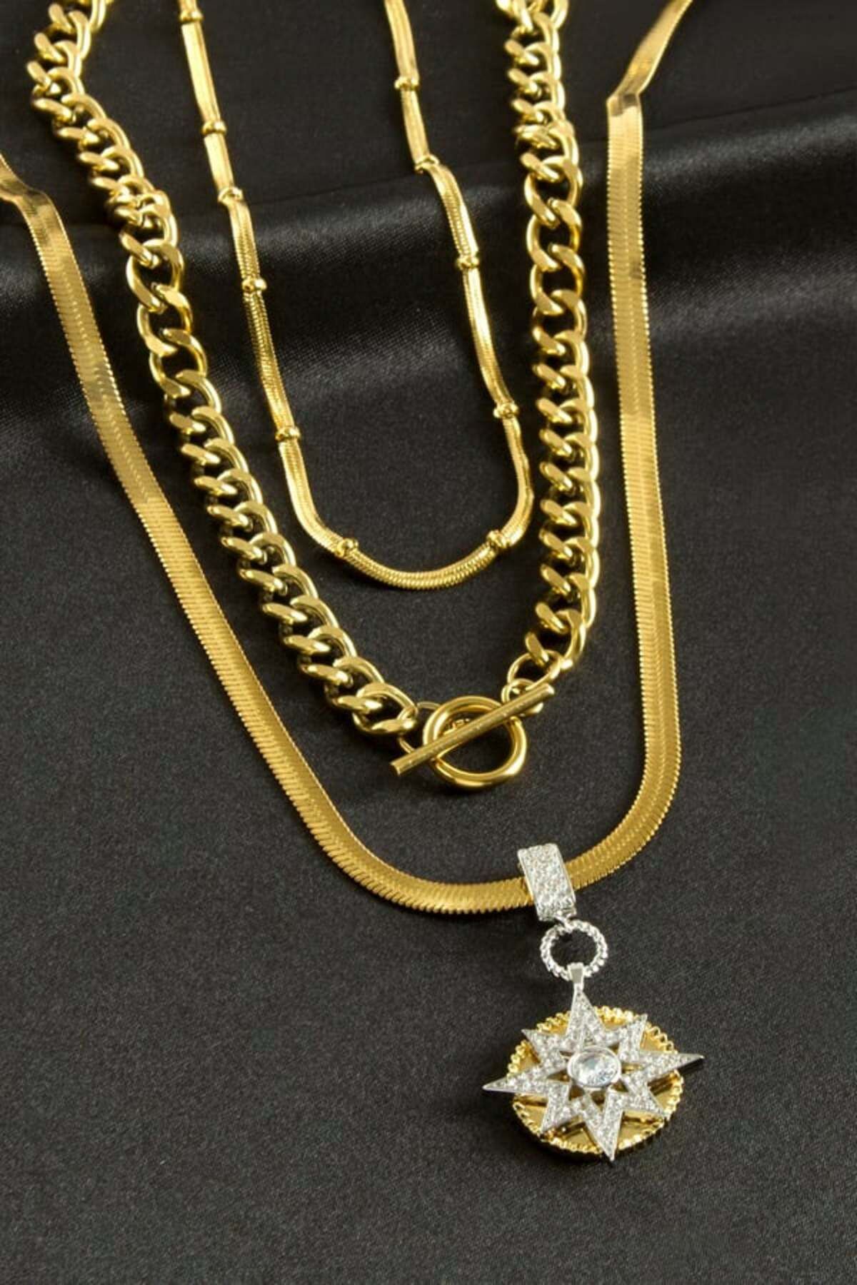 Gold Yıldız Zirkon Taşlı Lüks Çelik Üçlü Kolye