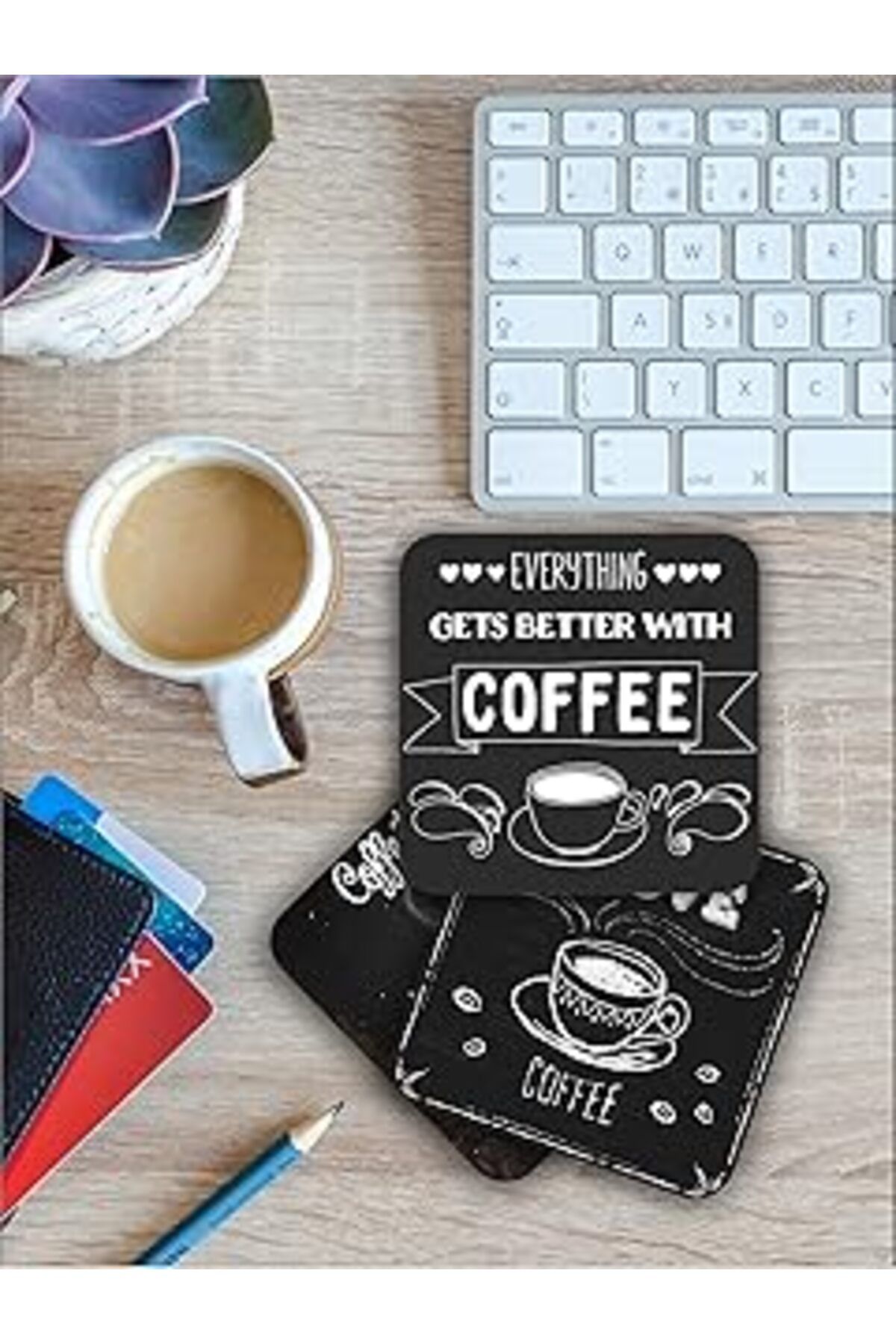 ASİTAN Karbonsoft Siyah Kahve/Coffee Temalı Bardak Altlığı Ahşap Baskılı Altlık 6'Lı Set (9 X9Cm) Karbonnm