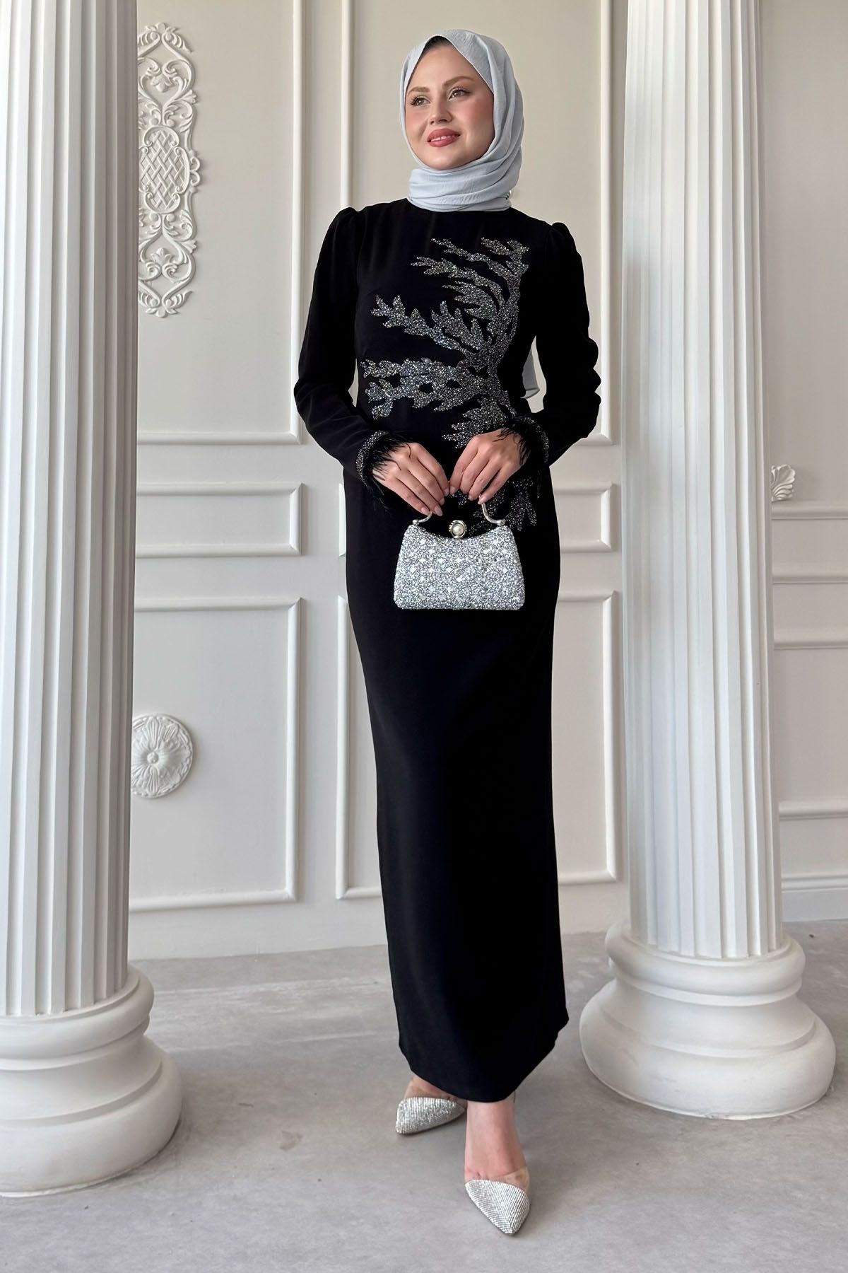 InStyle Taş Yaka Tüylü Kol Siyah Abiye