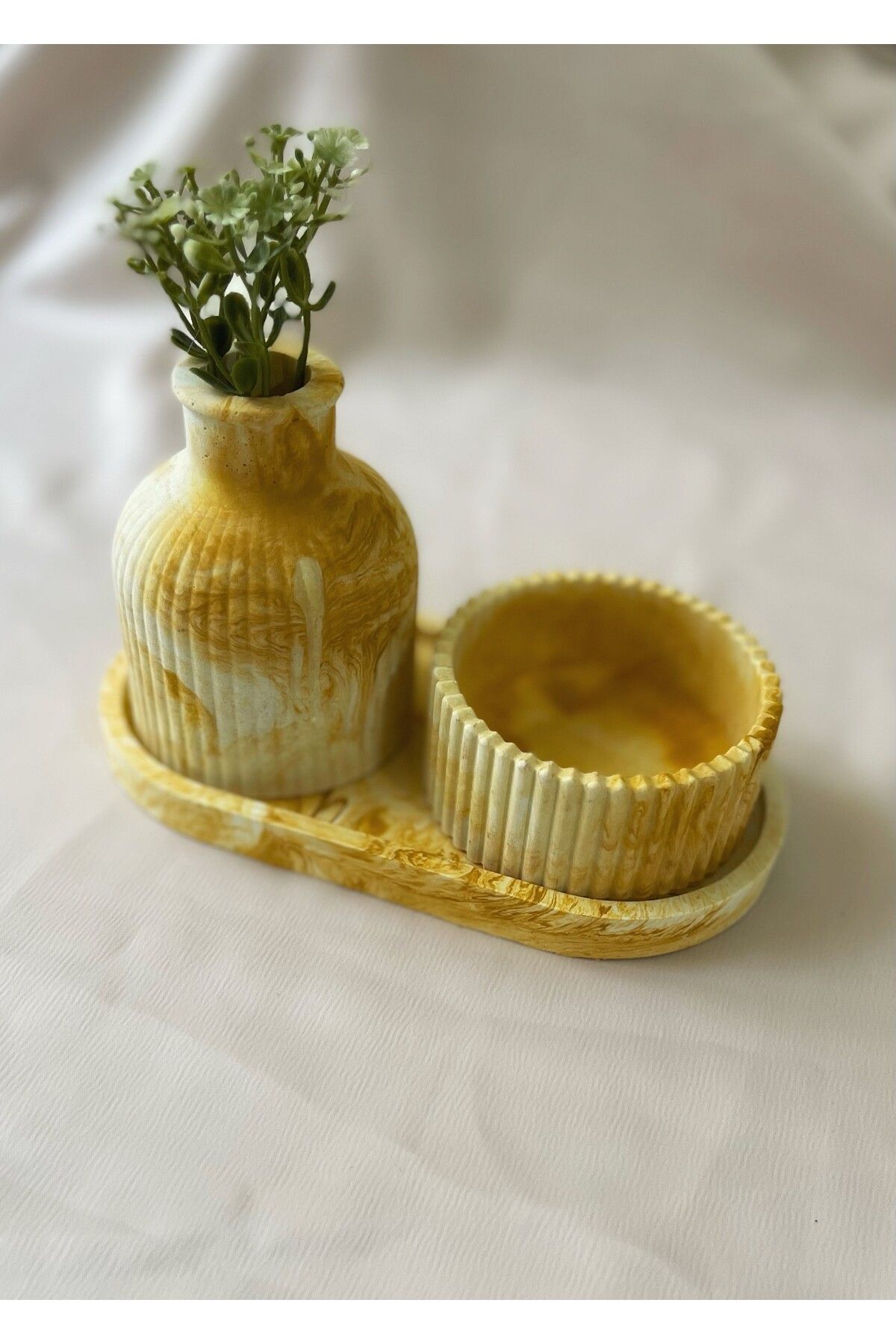 Monaform 3 Parça Mermer Desen Dekoratif Beton Vazo ve Mumluk set (Mum Dahil)
