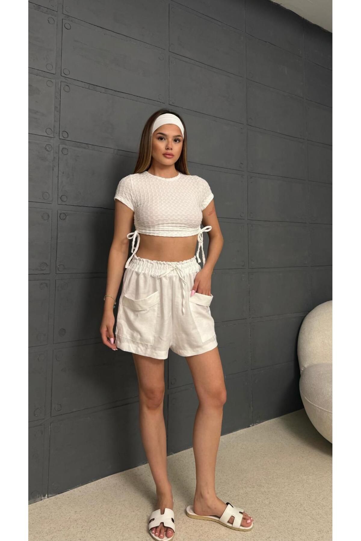 SareButikCafe Beyaz Cepli Şort