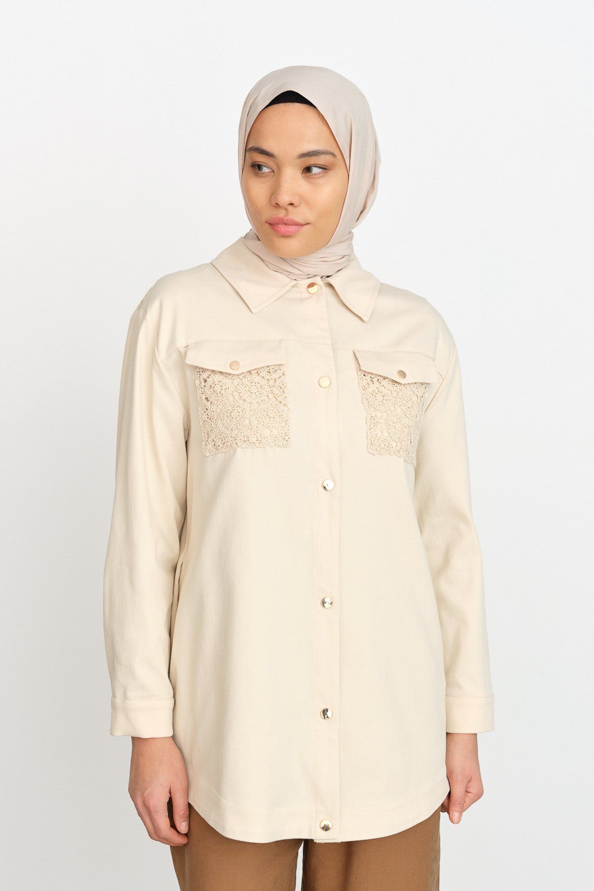 Nihan Cep Detaylı Kanvas Denim Ceket Krem
