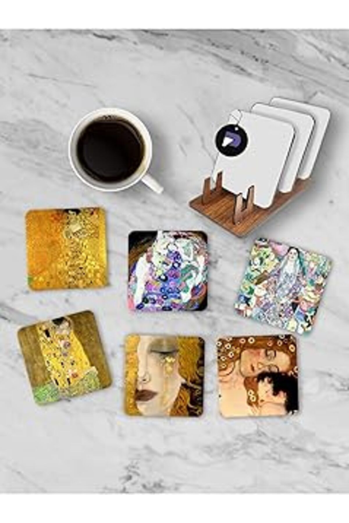 Qedii Postermanya (Pster21248) Gustav Klimt Temalı Standlı Ahşap Bardak Altlığı Seti, 6 Adet Baskılı Bard
