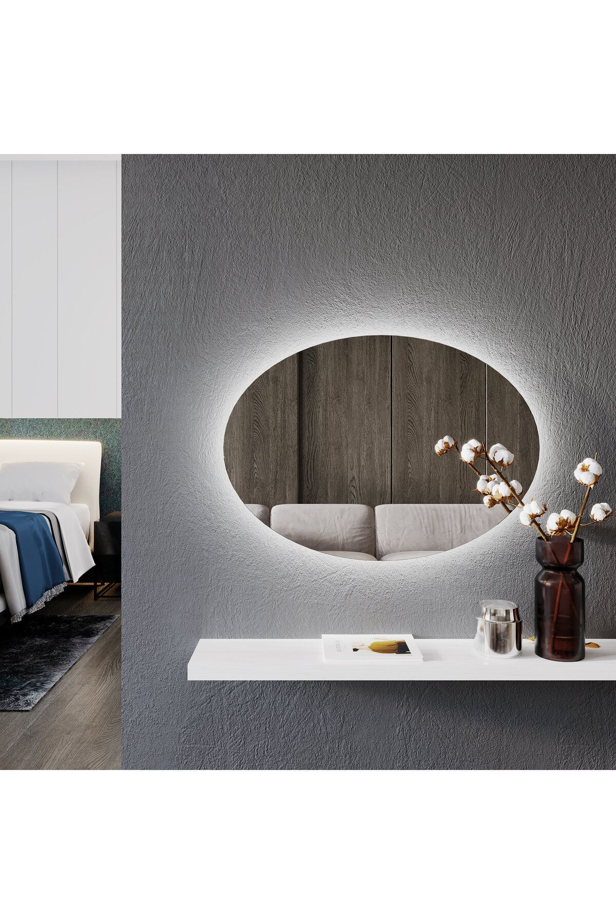 Aypars Atölye 80x112 Oval LED Banyo Aynası – Beyaz & Gün Işıklı Flotal Cam Ayna, Modern Duvar Dekoru