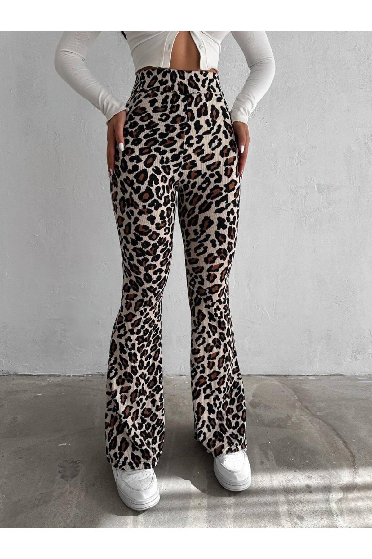 MADAMMERY Leopar Desenli İspanyol Paça Tayt Pantolon