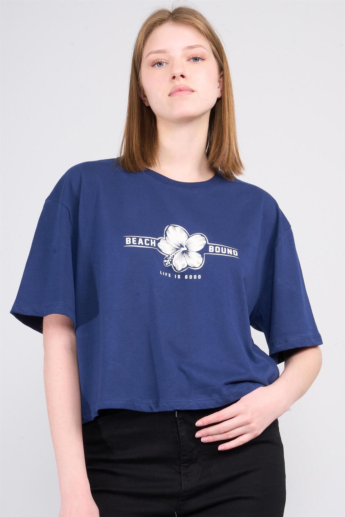 Çetinkaya Çetinkaya Chester Polo 8249 Bisiklet Yaka 30/1 Penye Baskılı Oversize Crop T-shirt Lacivert