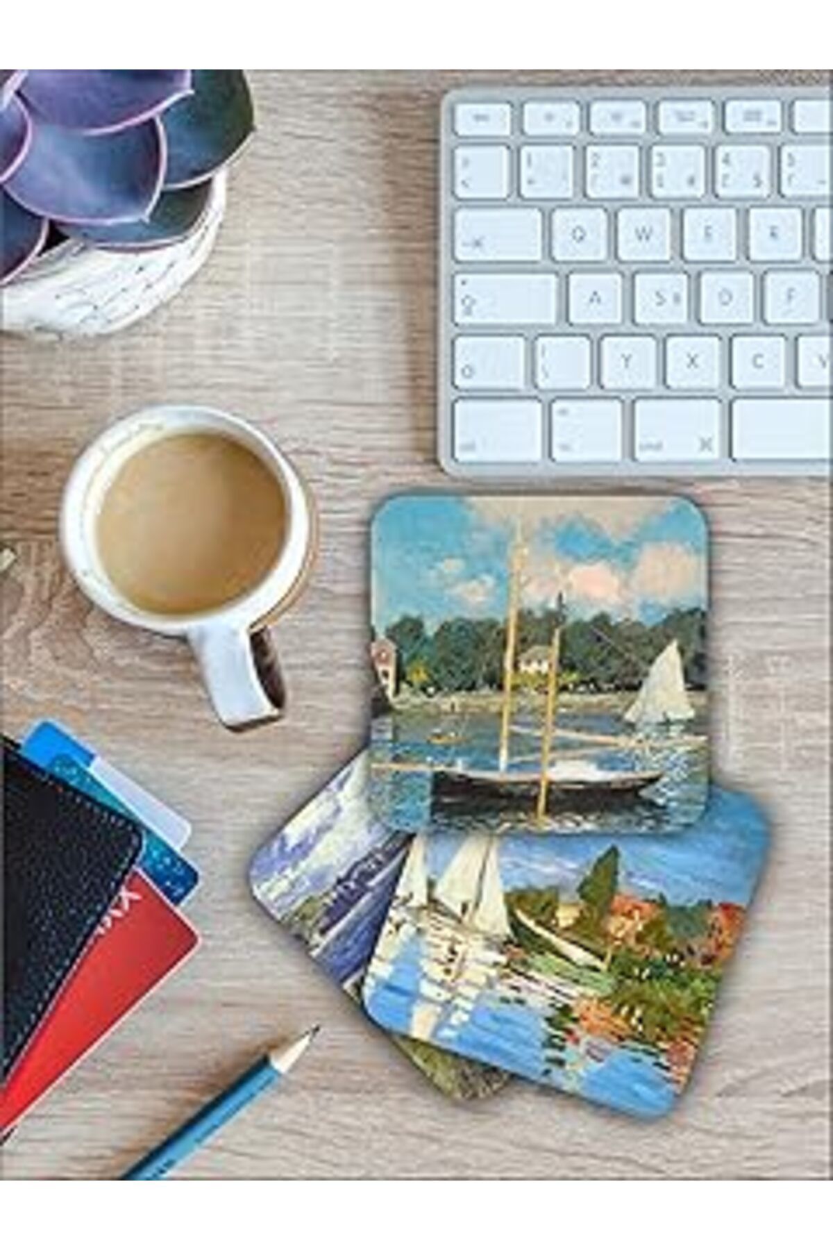 Qedii Karbonsoft Claude Monet Temalı Ahşap Bardak Altlığı Ahşap Baskılı Altlık 6'Lı Set (9 X9Cm) Karbonnm