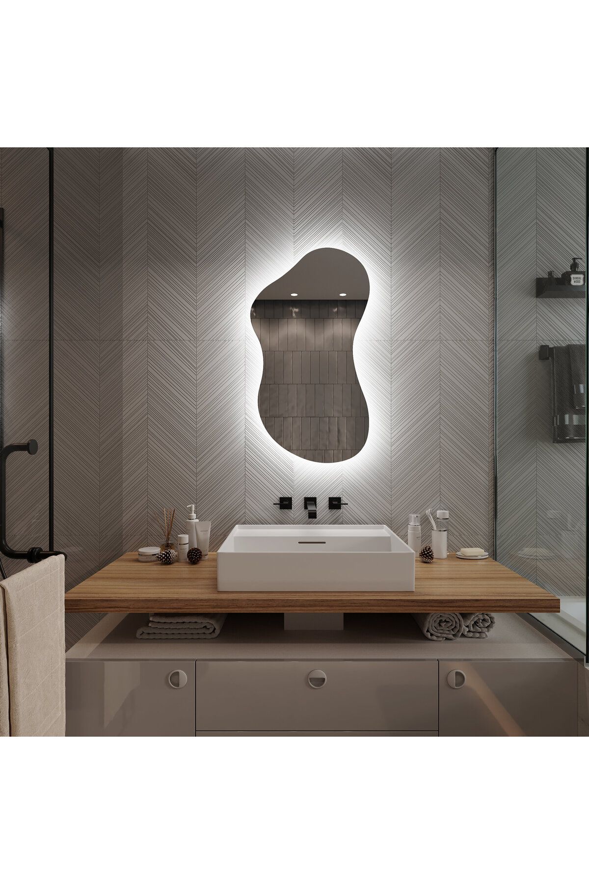 Aypars Atölye 40x72 Asimetrik LED Banyo Aynası – Gün Işığı& Beyaz Işıklı Modern Ayna, Dekoratif Flotal Cam Tasarım