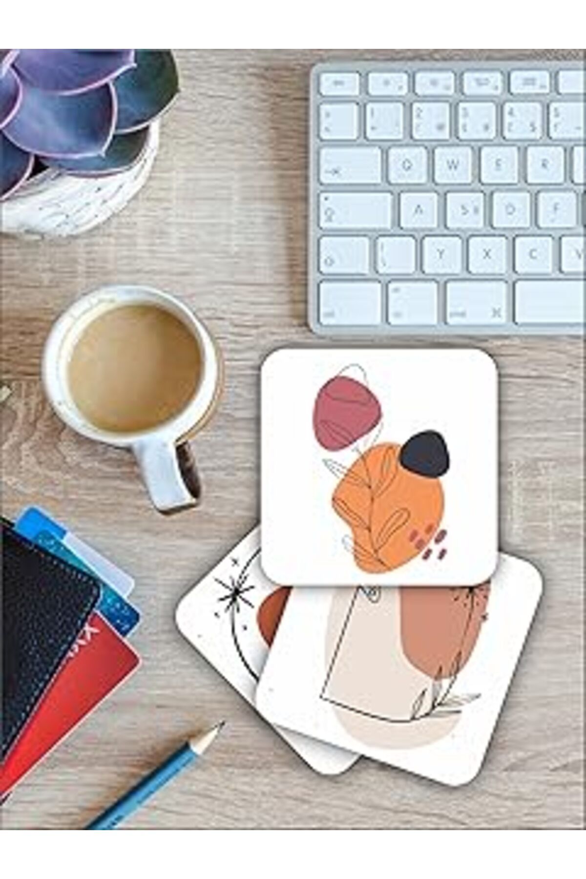 Qedii Karbonsoft Bohem Ay Kelebek Temalı Ahşap Bardak Altlığı Ahşap Baskılı Altlık 6'lı Set (9 X9CM) Karb