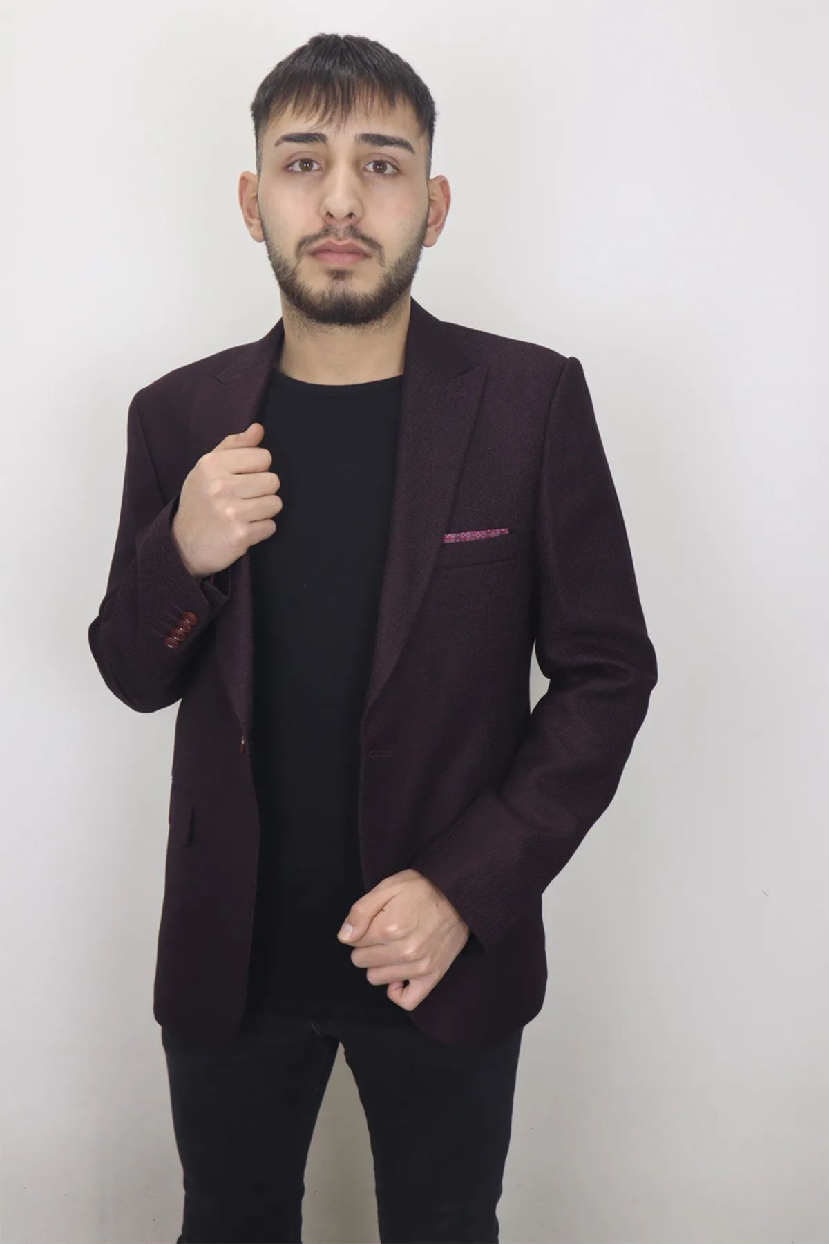 DUAYEN DMC TEKSTİL Erkek Bordo Düz İtalyan Kesim Dar Kalıp Tek Düğme Yazlık Blazer Ceket